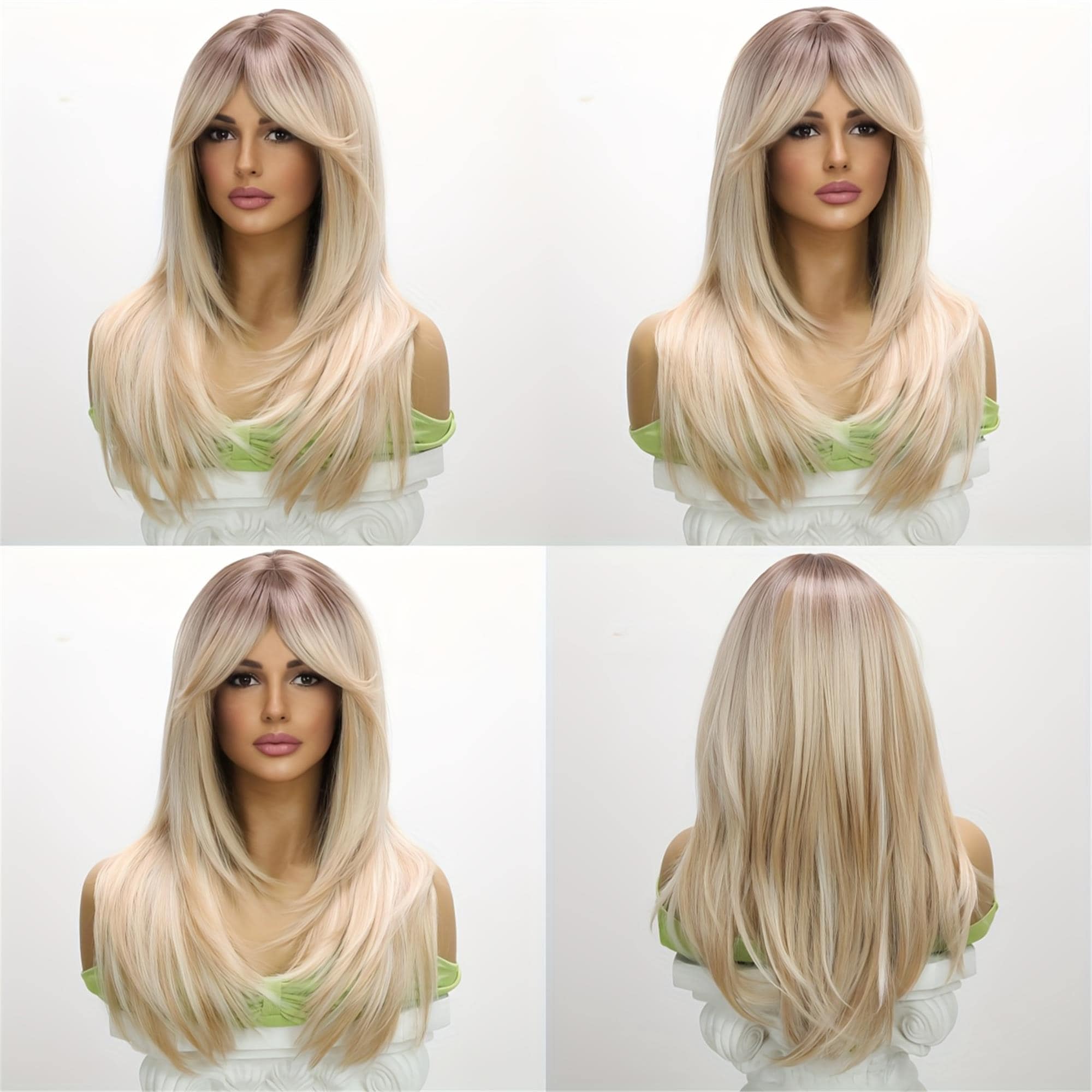 22-Inch Ombre Platinum Blonde Wig for Women - Heat-Resistant Hair Lightweight Straight Style Rose Net Cap - Thumbnail 3