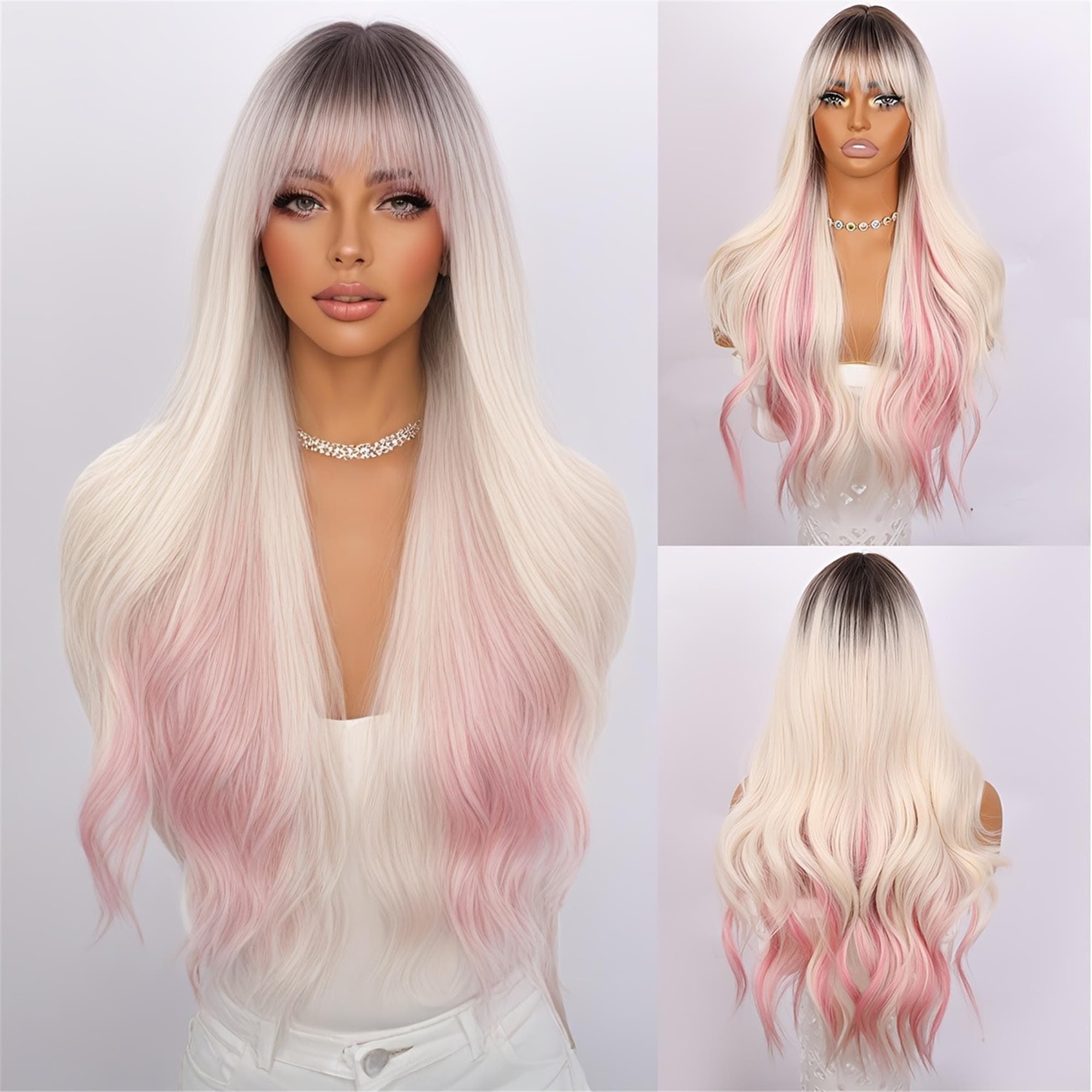 26-inch Super Synthetic Fiber Wig With White As The Main Color And A Gradient Of Pink Rose Mesh/heat-resistant/suitable For Casual And - Thumbnail 6