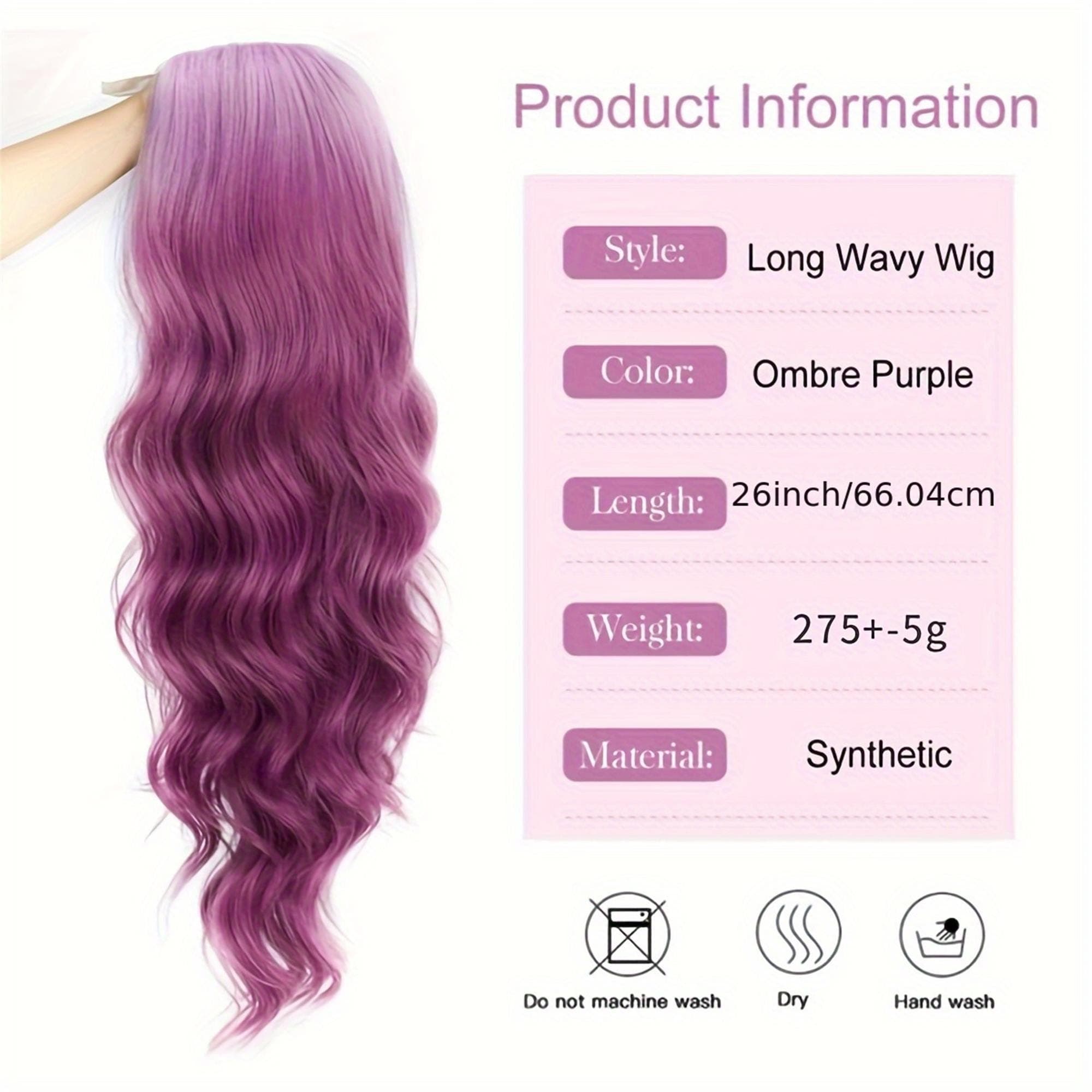 26" Long Wavy/Curly Synthetic Wig with Gradient Purple Color Heat-Resistant Fibers 150% Density - Natural Looking Front Lace for Daily - Thumbnail 4