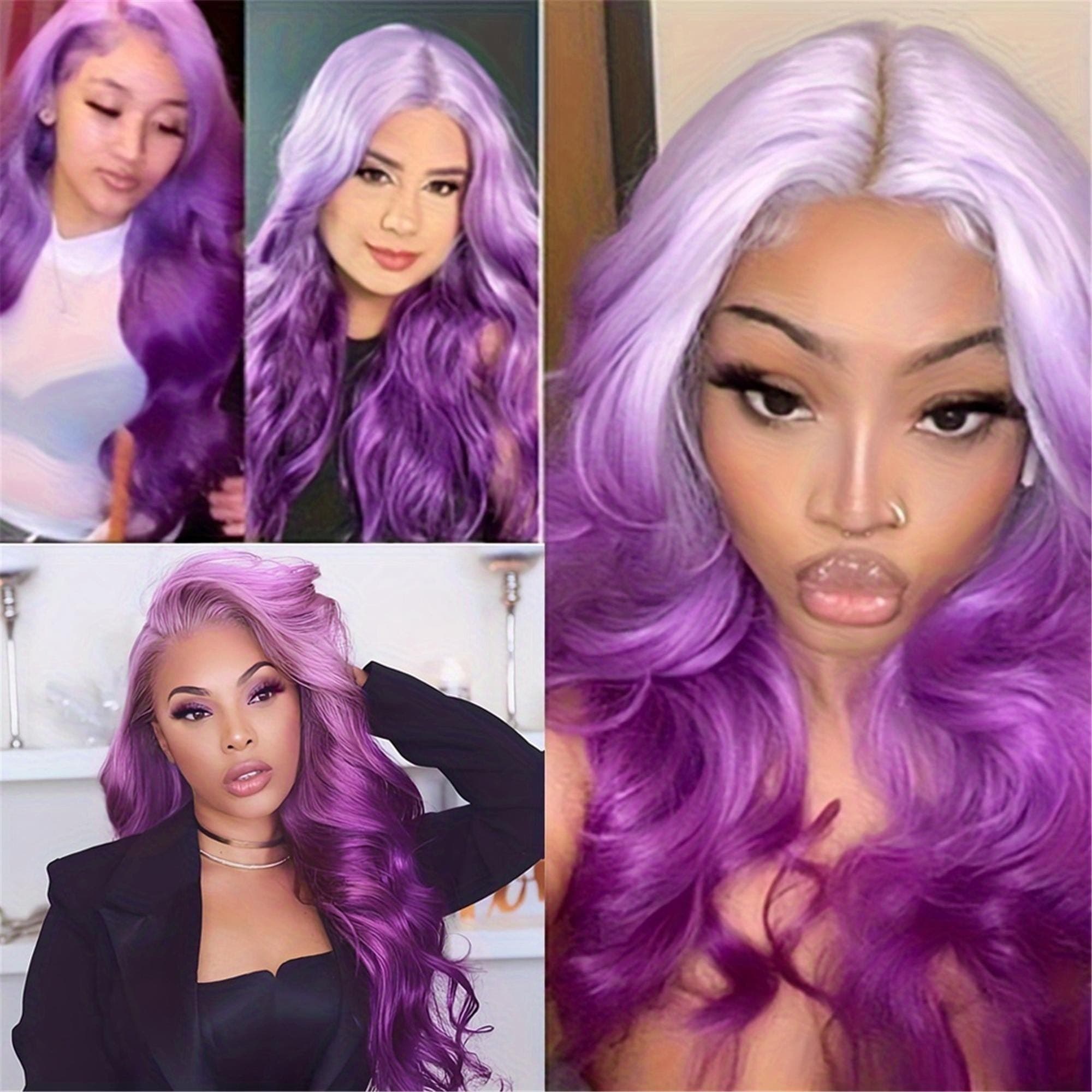 26" Long Wavy/Curly Synthetic Wig with Gradient Purple Color Heat-Resistant Fibers 150% Density - Natural Looking Front Lace for Daily - Thumbnail 3