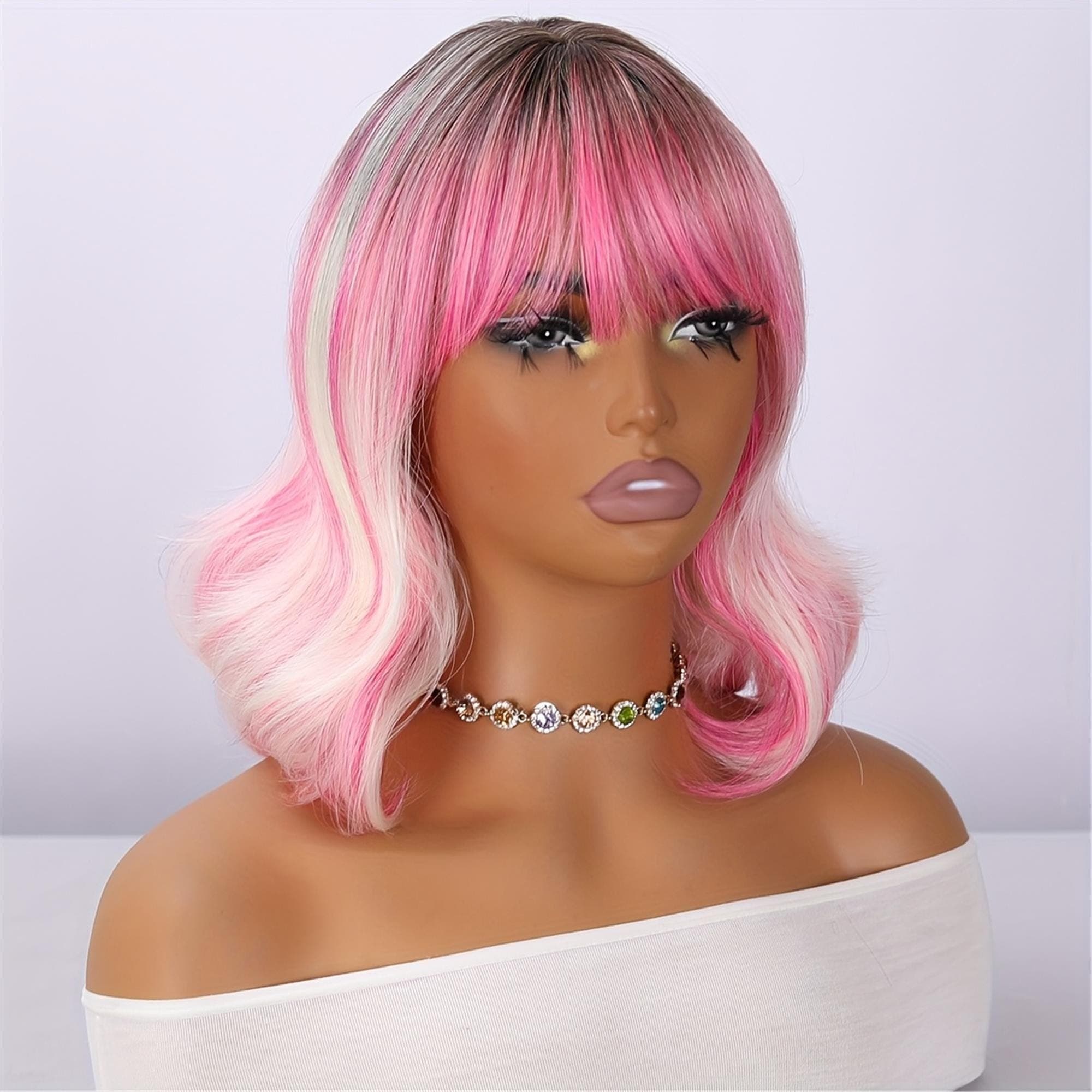Sweet And Cool Pink Gradient Short Wig with Bangs 12 Inch Rose Net Breathable Lightweight Style Must-Have - Thumbnail 10