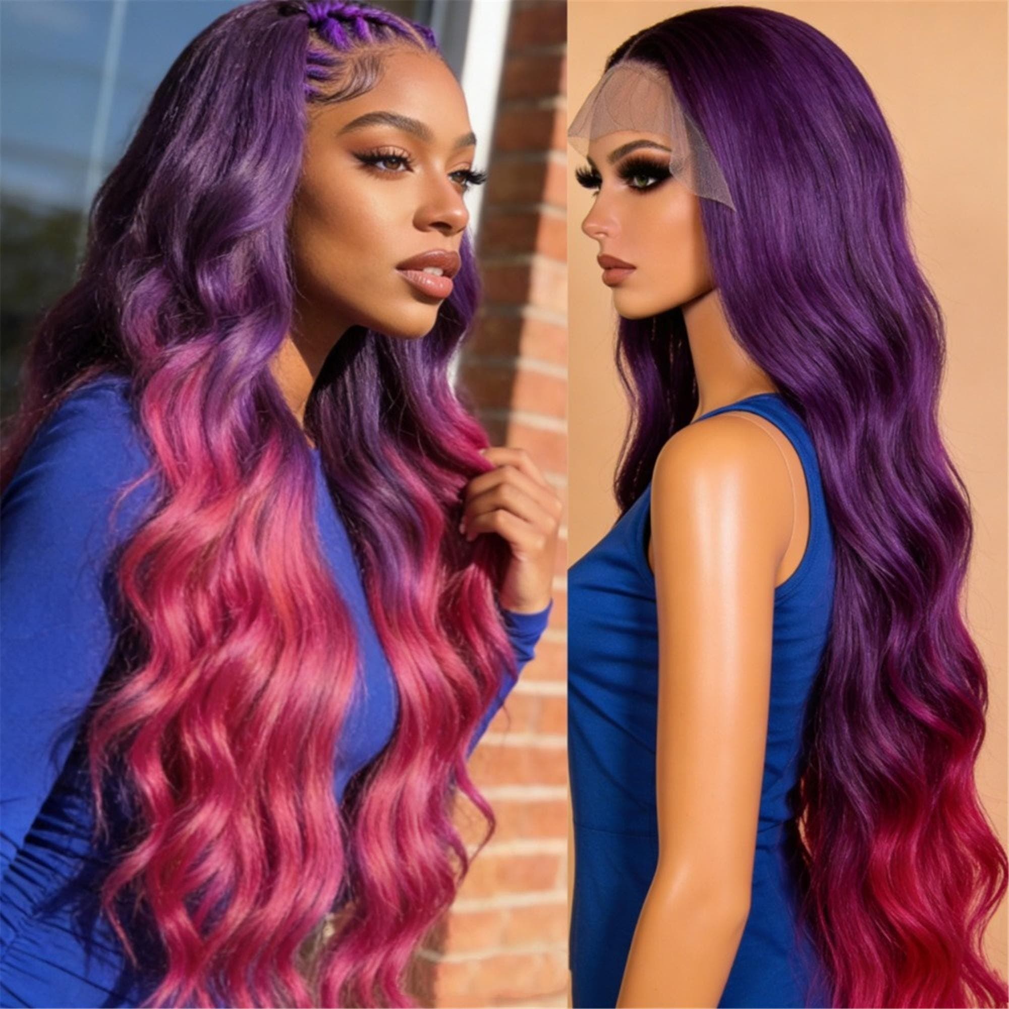 Ombre Pink Body Wave Lace Front Wigs Human Hair Ombre Purple Loose Wave Lace Front Human Hair Wig Glueless 13x4 HD Full Lace Frontal Wigs - Thumbnail 3