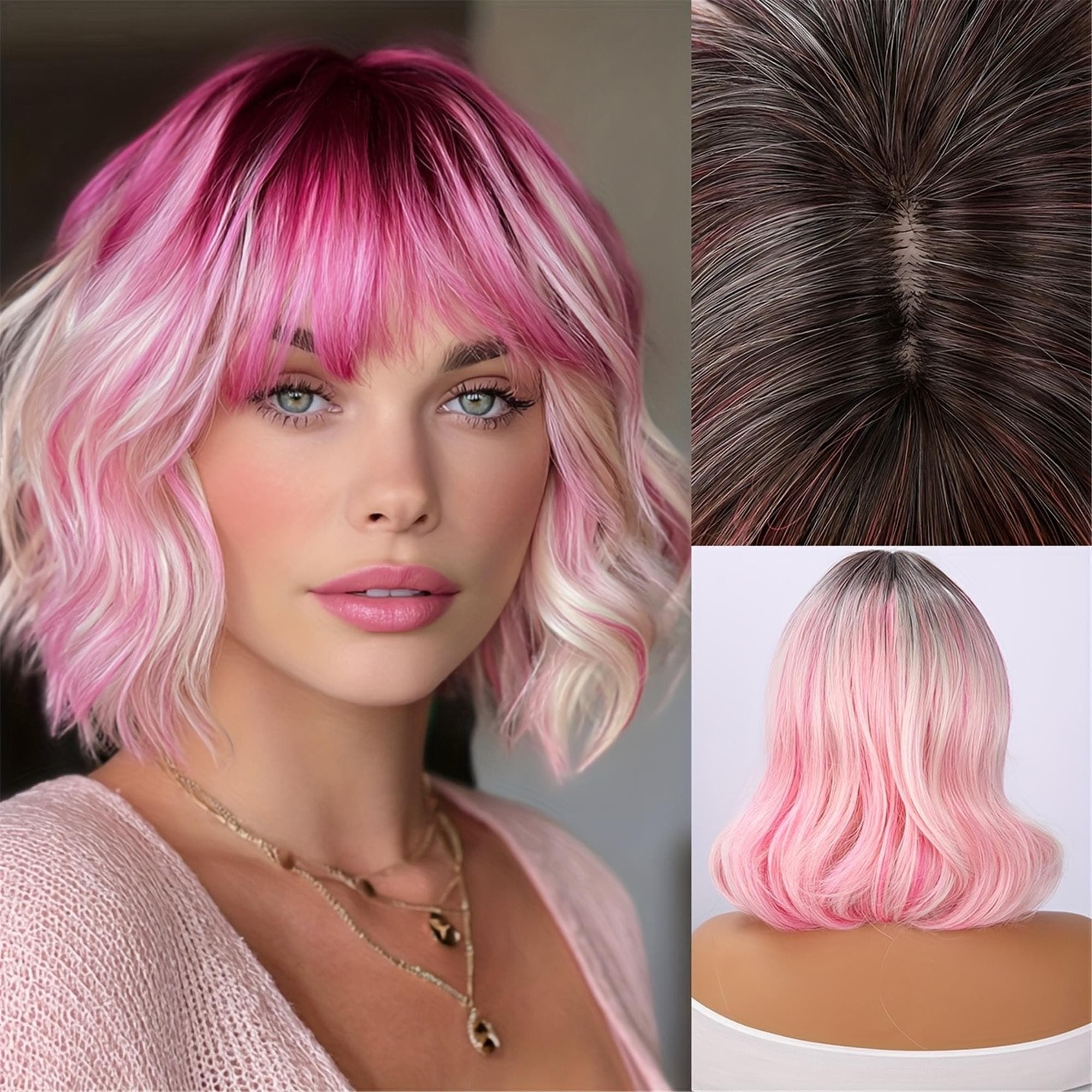 Sweet And Cool Pink Gradient Short Wig with Bangs 12 Inch Rose Net Breathable Lightweight Style Must-Have - Thumbnail 3