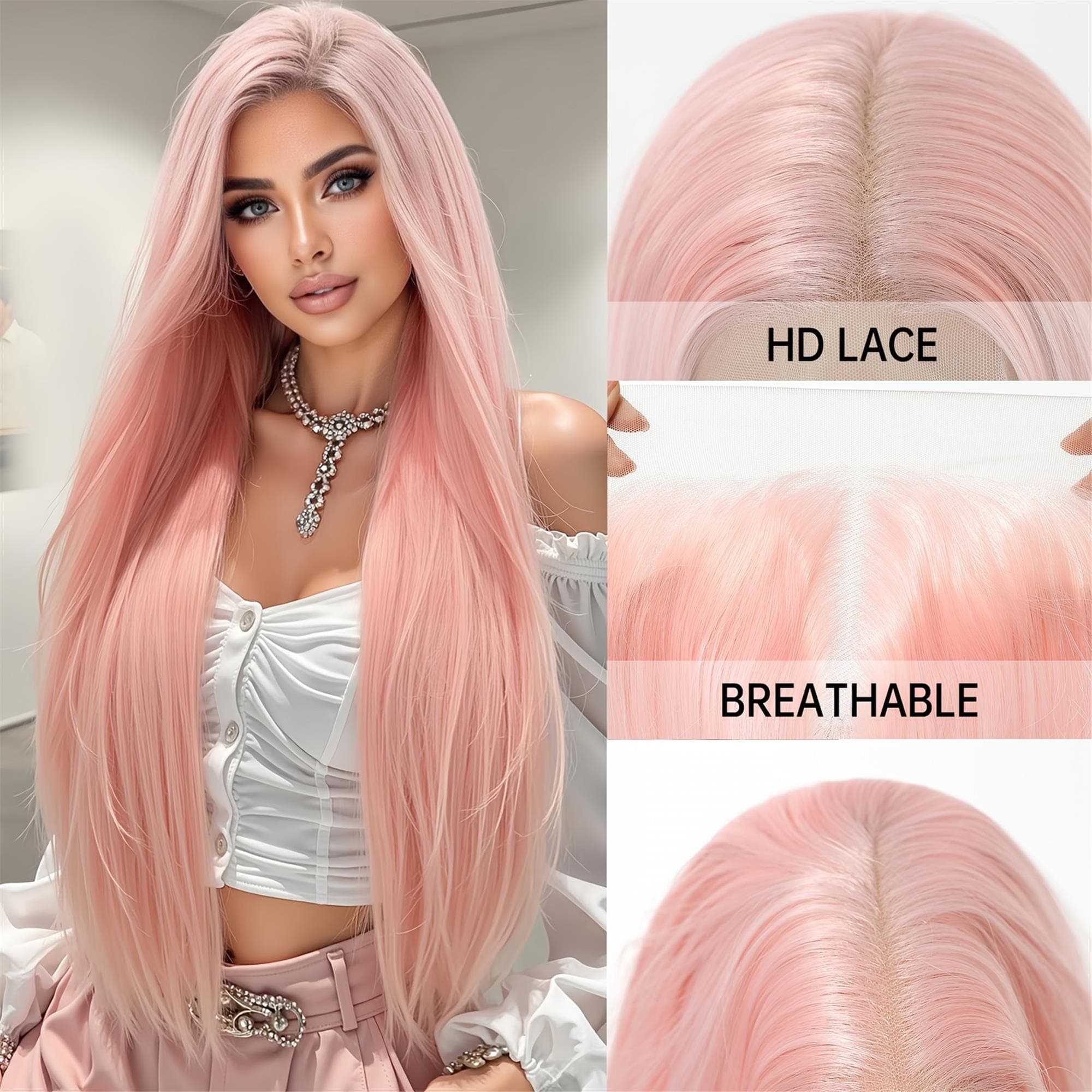 13x6 HD Transparent Lace Front Wig 30Inch Pink Color Straight Hair Glueless Lace Wig with Pre Plucked Natrural Hairline - Thumbnail 9