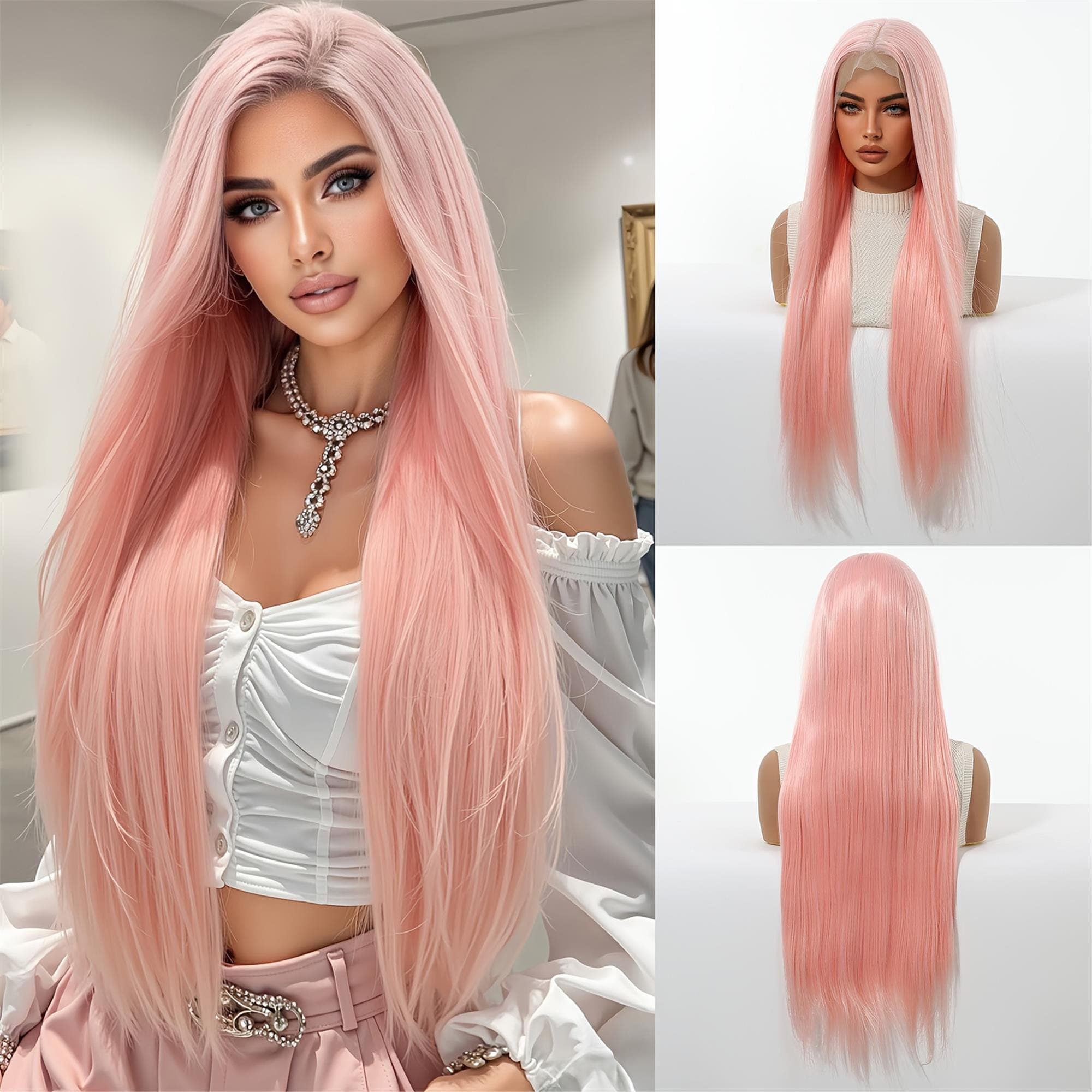 13x6 HD Transparent Lace Front Wig 30Inch Pink Color Straight Hair Glueless Lace Wig with Pre Plucked Natrural Hairline - Thumbnail 3