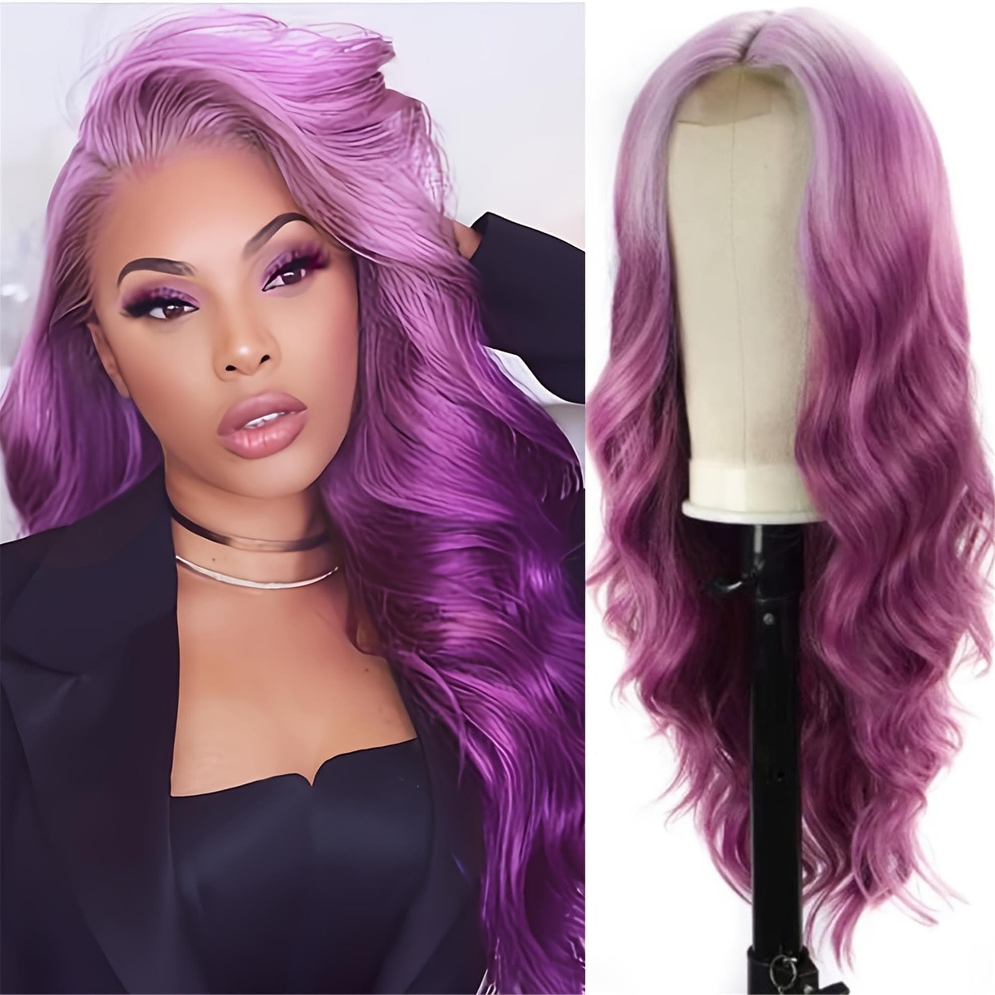 26" Long Wavy/Curly Synthetic Wig with Gradient Purple Color Heat-Resistant Fibers 150% Density - Natural Looking Front Lace for Daily - Thumbnail 2