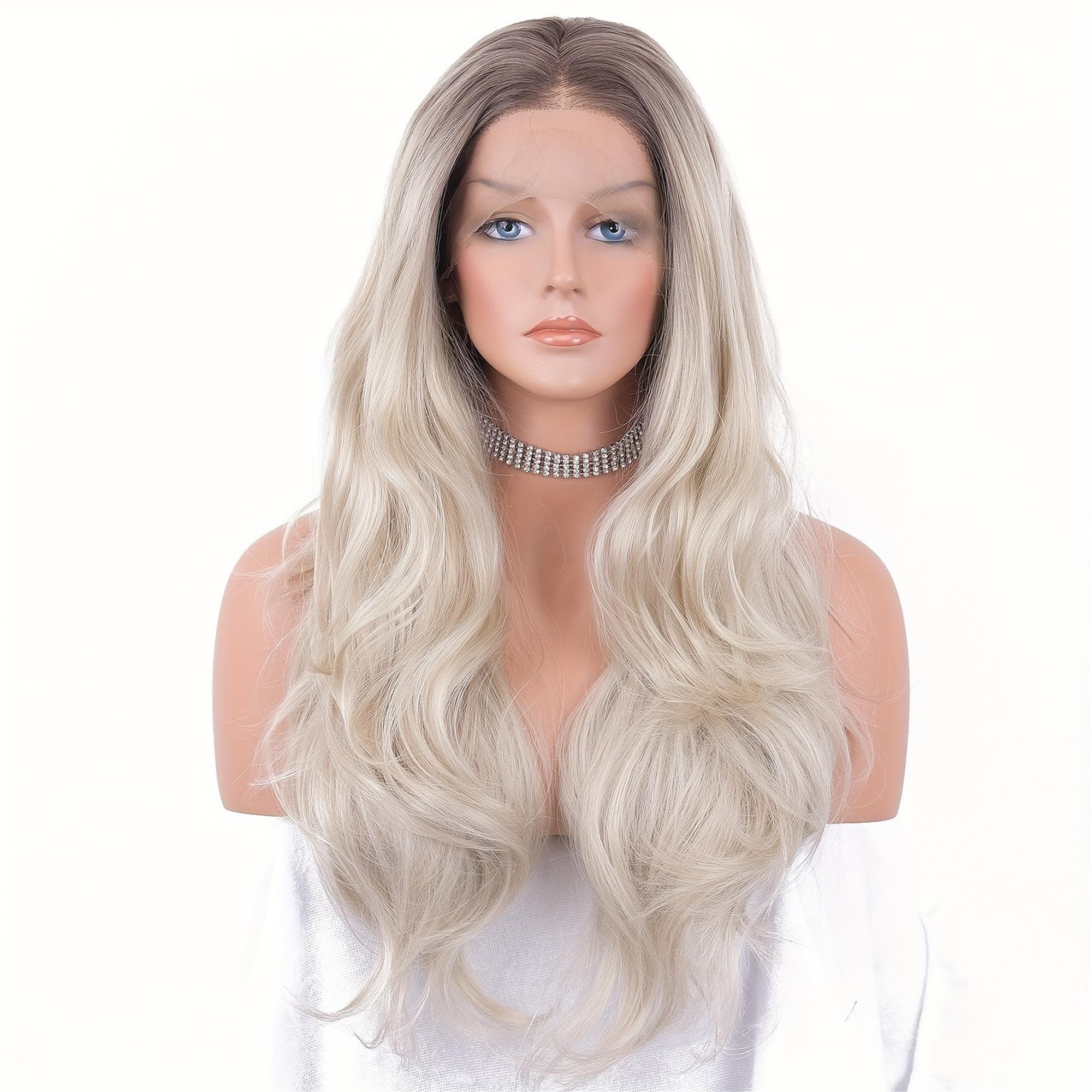 Ombre Lace Front Wig With Brown Roots Brown To Platinum Blonde Wig With Middle Part Long Good Wavy Wigs 22-24 inches - Thumbnail 5