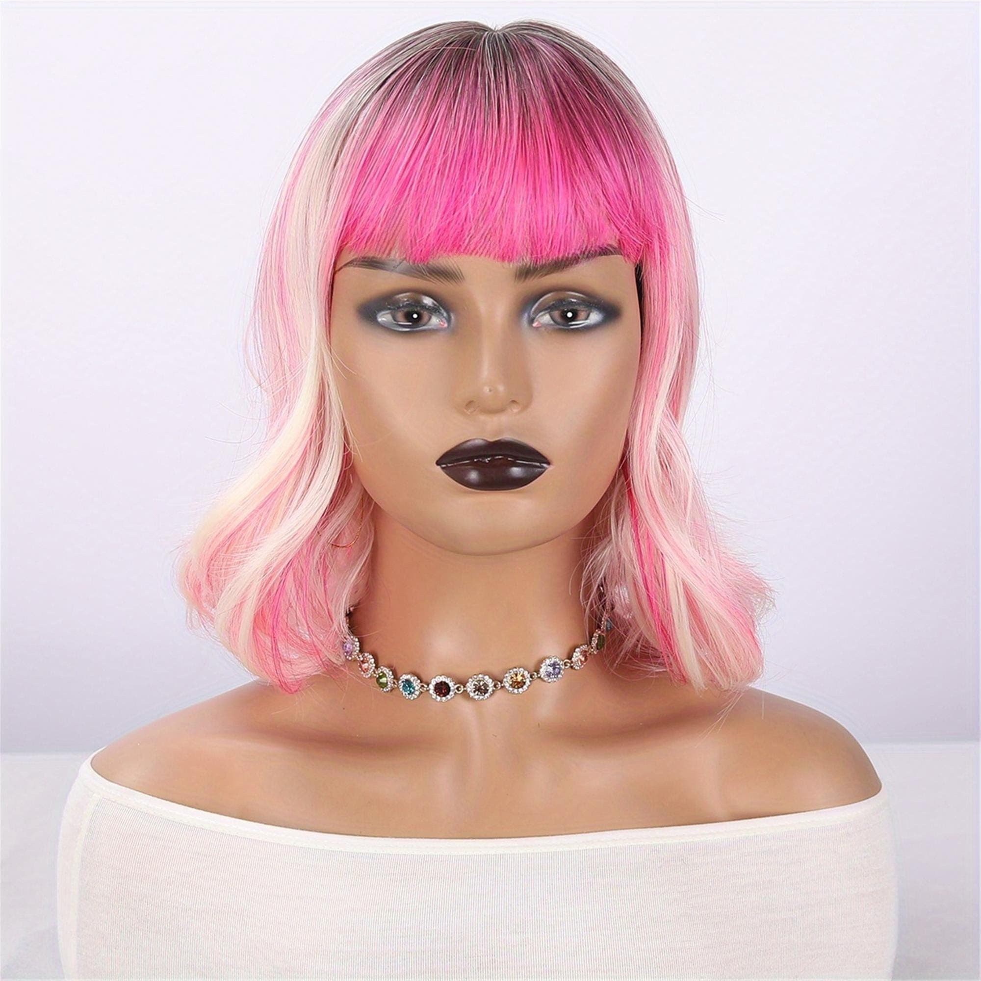 Sweet And Cool Pink Gradient Short Wig with Bangs 12 Inch Rose Net Breathable Lightweight Style Must-Have - Thumbnail 4