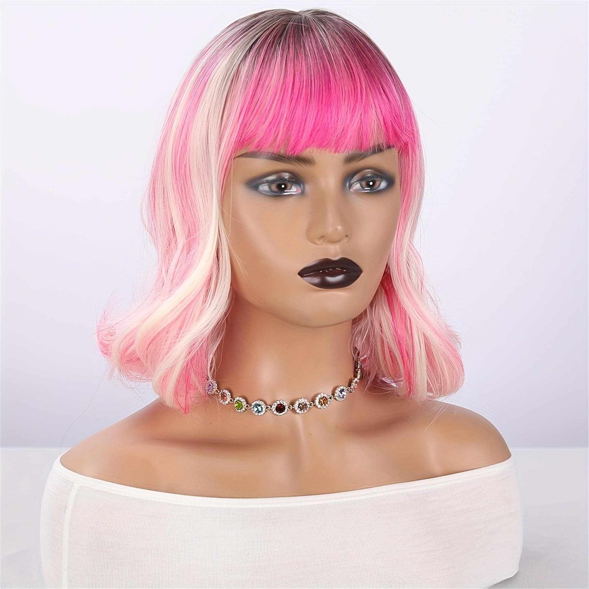 Sweet And Cool Pink Gradient Short Wig with Bangs 12 Inch Rose Net Breathable Lightweight Style Must-Have - Thumbnail 5