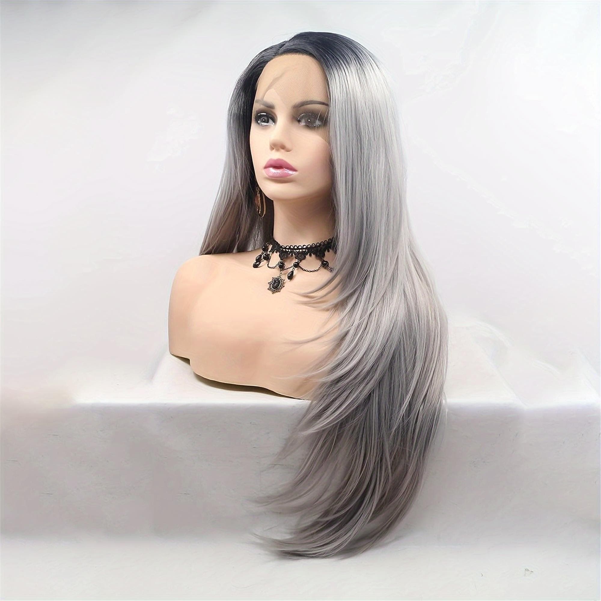 Silve Grey Ombre Lace Front Wigs Pre Plucked Hairline Long Natural Straight Gray Lace Front Wig Dark Roots Side Part Glueless - Thumbnail 4
