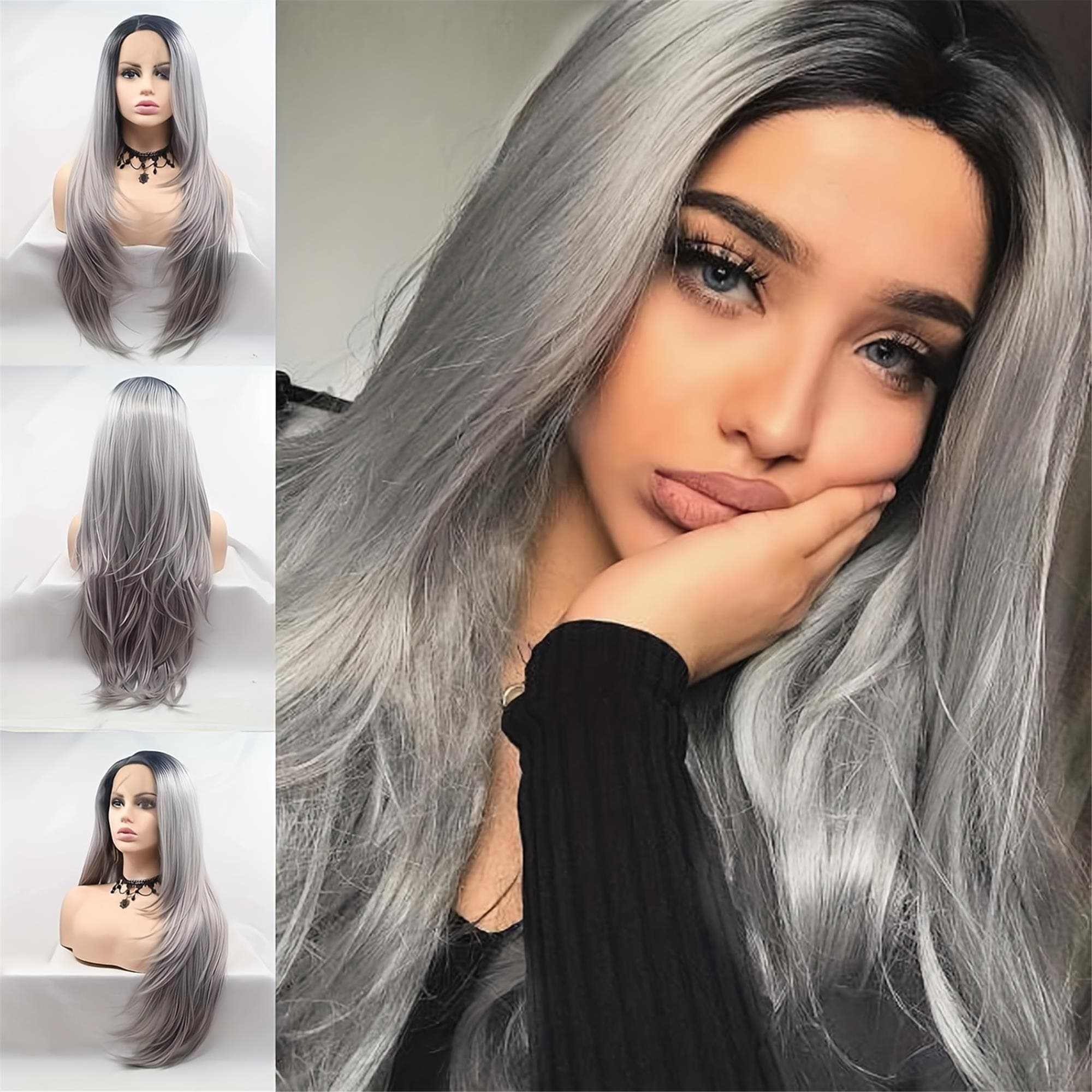 Silve Grey Ombre Lace Front Wigs Pre Plucked Hairline Long Natural Straight Gray Lace Front Wig Dark Roots Side Part Glueless - Thumbnail 2