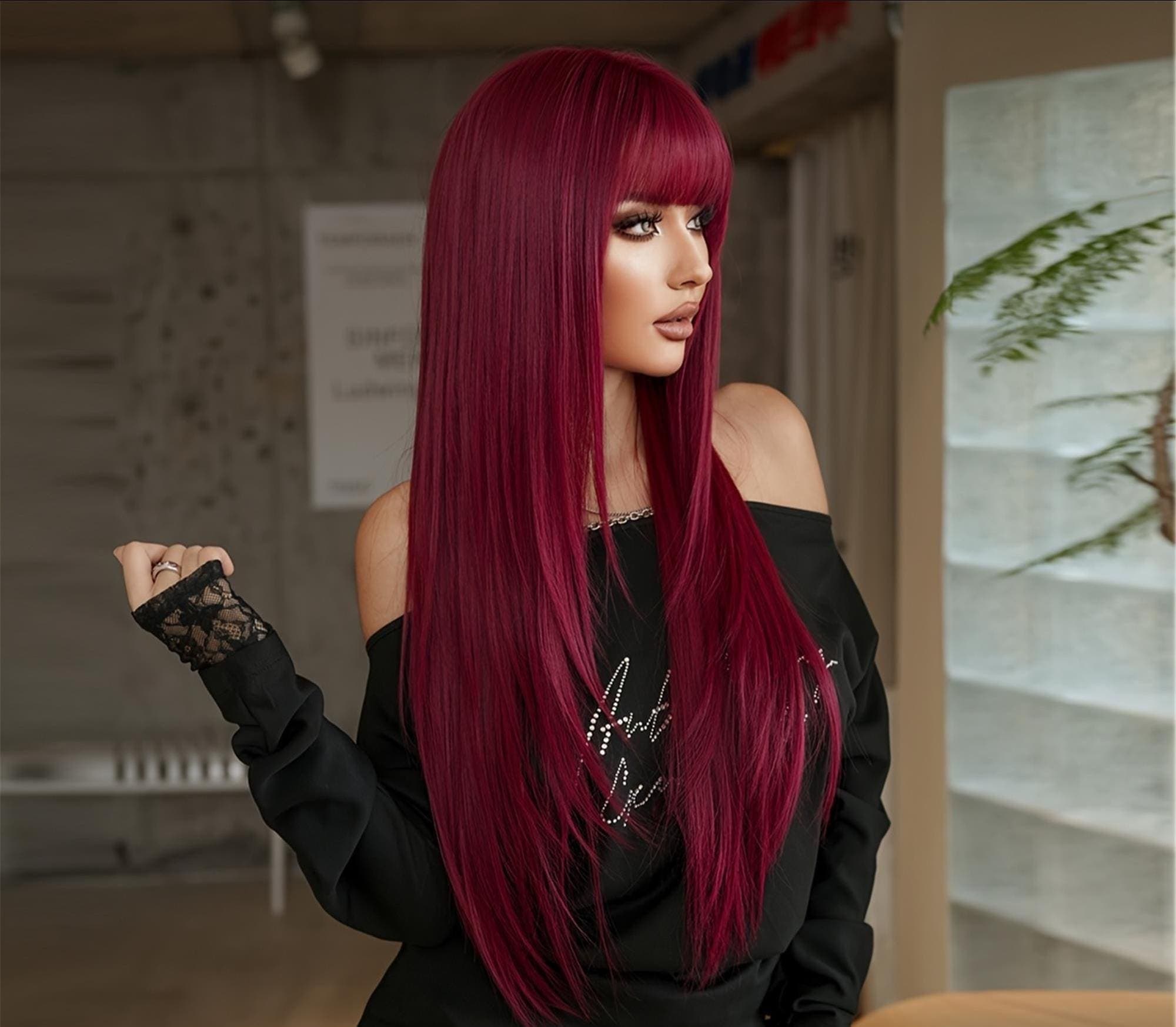 Costume Wig Long Straight Burgundy Red Wigs with Full Bangs High Layered Density Grape Red Wig
