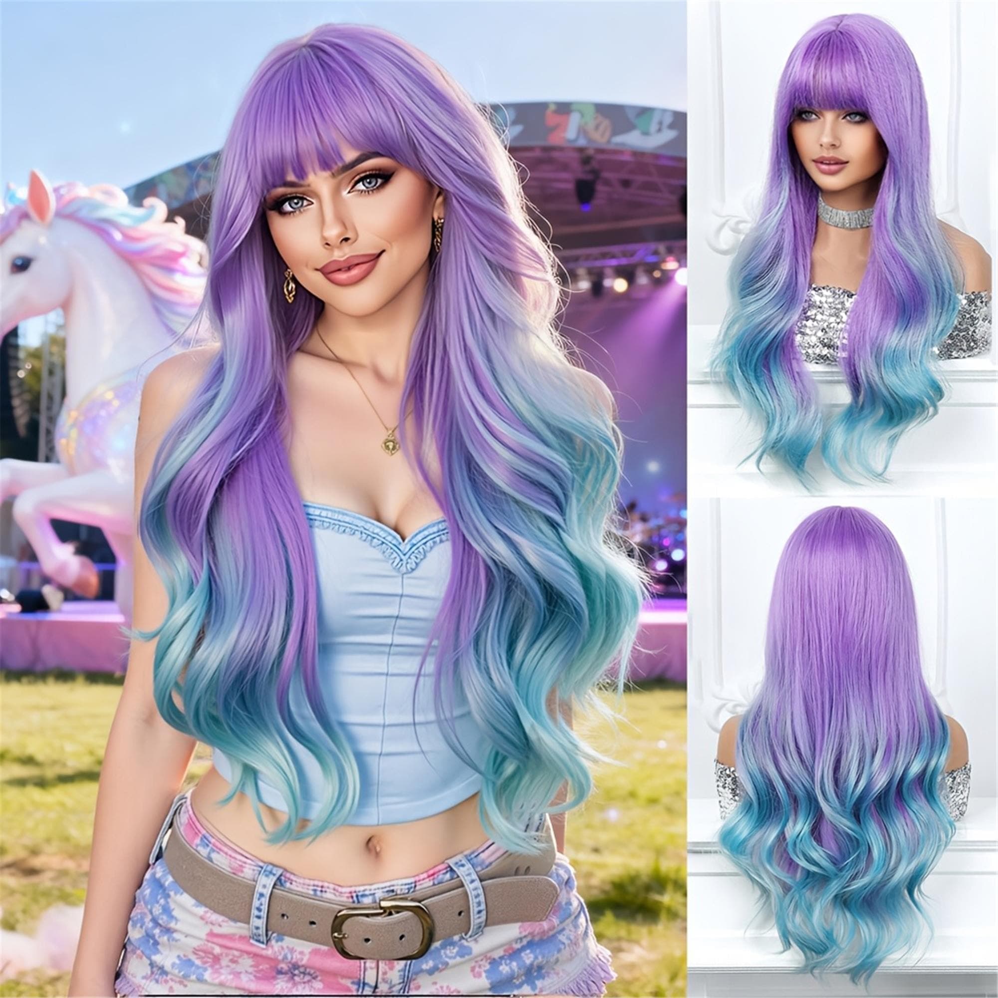 Elegant Ombre Purple to Blue Gradient Long Wavy for Daily Wear - Thumbnail 4