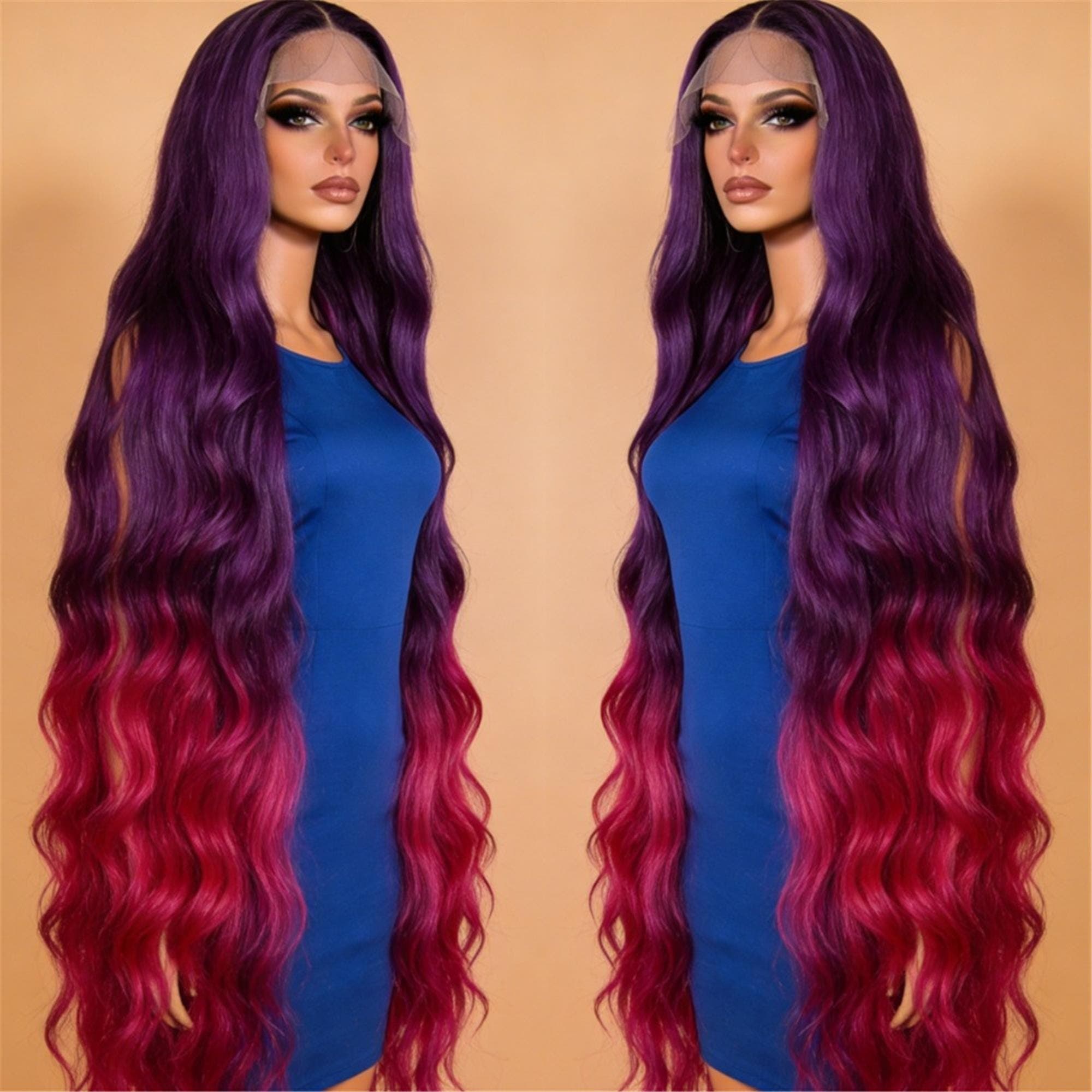 Ombre Pink Body Wave Lace Front Wigs Human Hair Ombre Purple Loose Wave Lace Front Human Hair Wig Glueless 13x4 HD Full Lace Frontal Wigs - Thumbnail 5