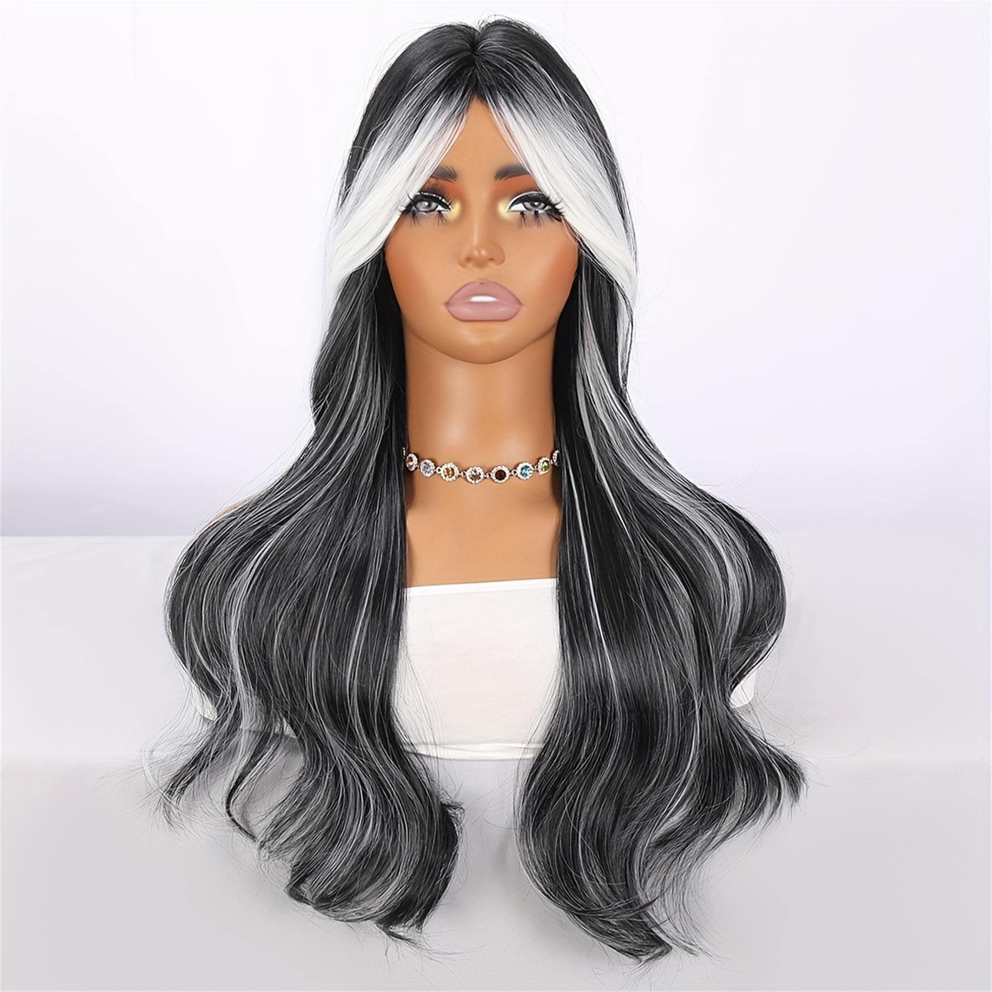 26-Inch Elegant Black Wig with White Highlights Beginner-Friendly Suitable for Everyday Wear And - Thumbnail 2