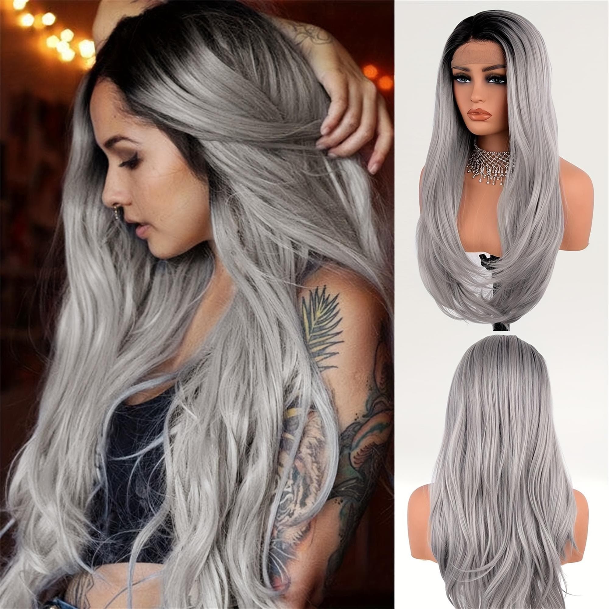 Silve Grey Ombre Lace Front Wigs Pre Plucked Hairline Long Natural Straight Gray Lace Front Wig Dark Roots Side Part Glueless - Thumbnail 3