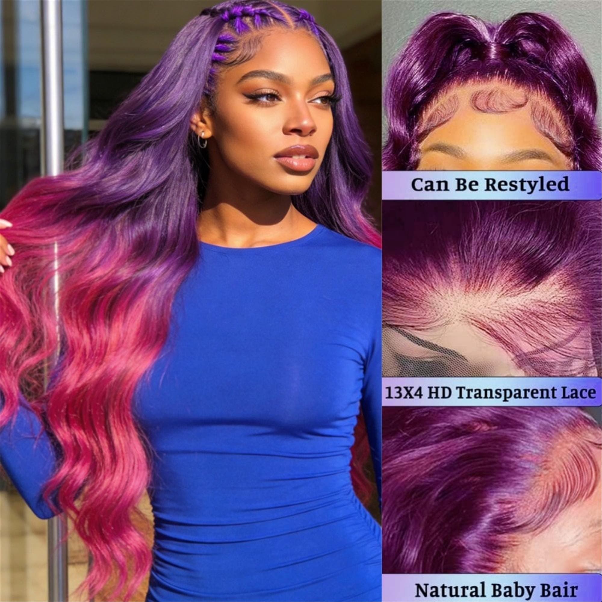 Ombre Pink Body Wave Lace Front Wigs Human Hair Ombre Purple Loose Wave Lace Front Human Hair Wig Glueless 13x4 HD Full Lace Frontal Wigs - Thumbnail 4