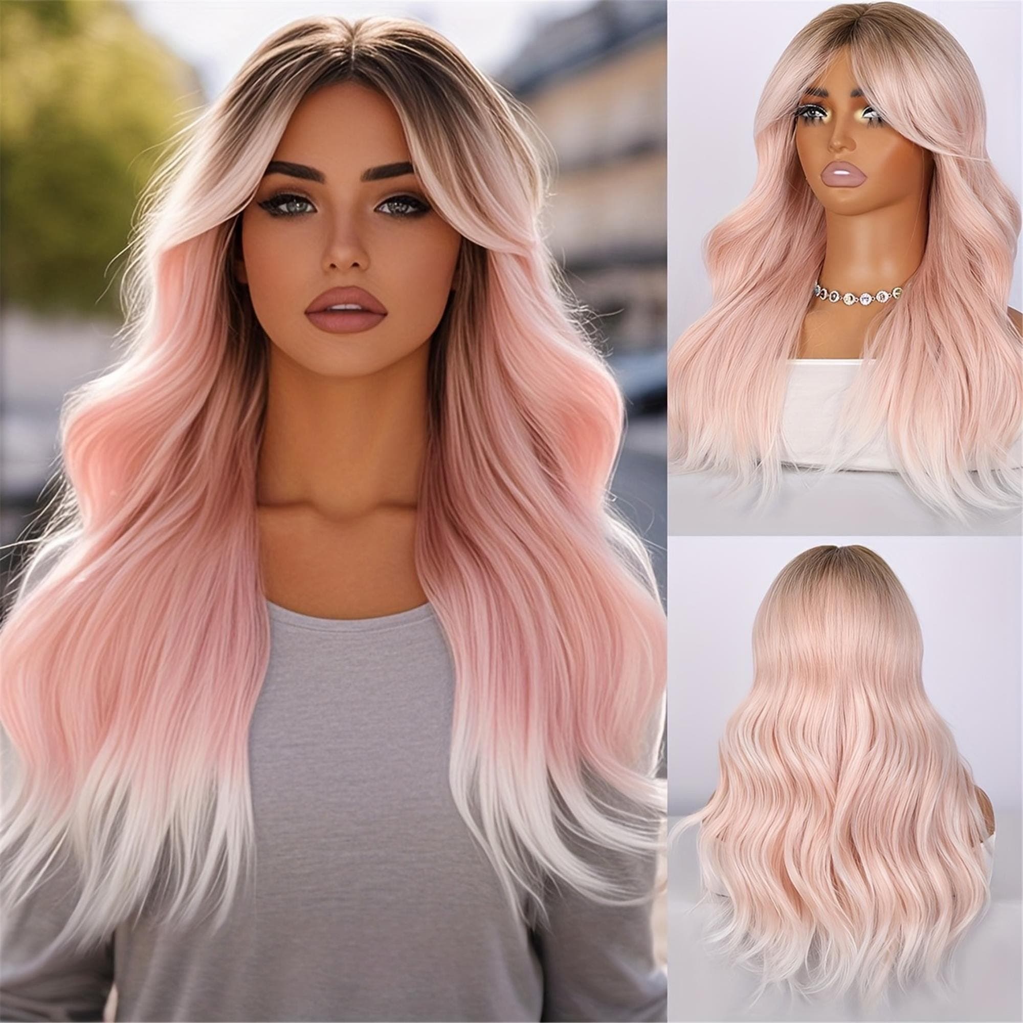 24-inch Pink Gradient White Curly Wig Suitable for Concerts Cosplay Daily Wear - Thumbnail 2