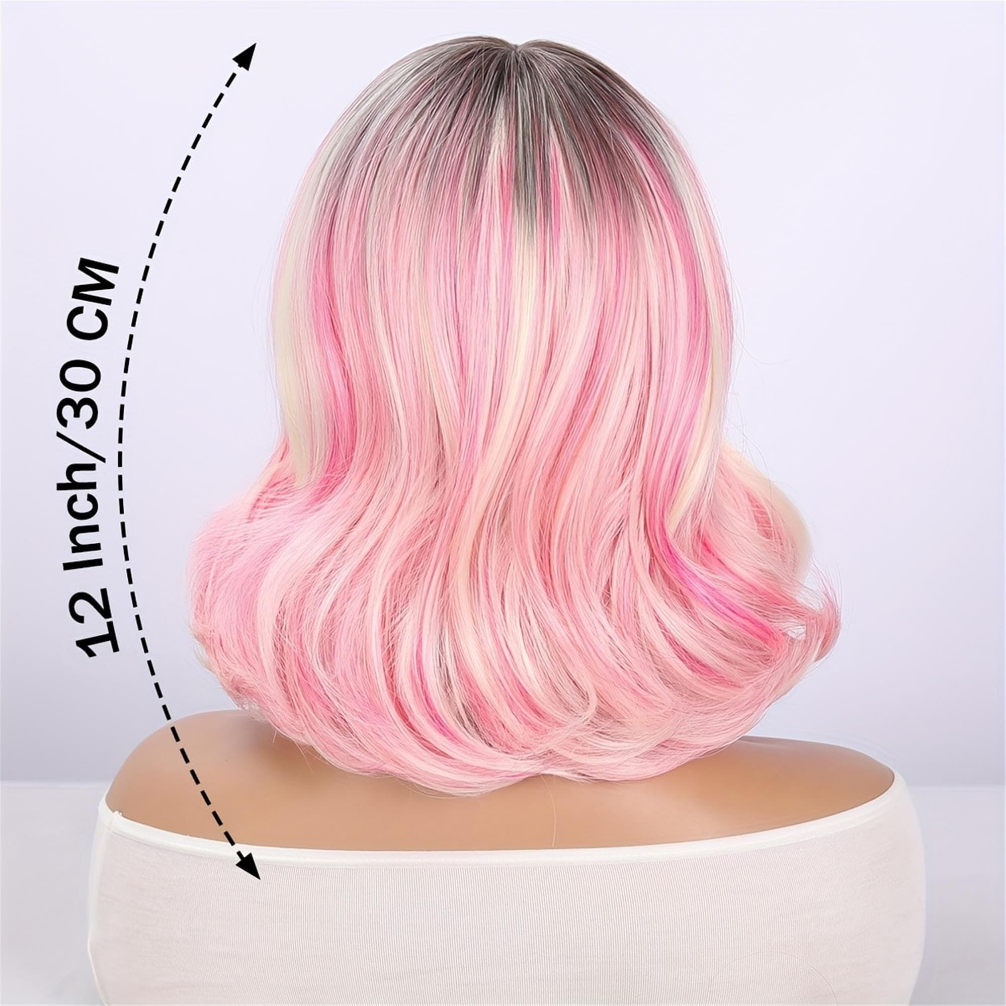 Sweet And Cool Pink Gradient Short Wig with Bangs 12 Inch Rose Net Breathable Lightweight Style Must-Have - Thumbnail 8