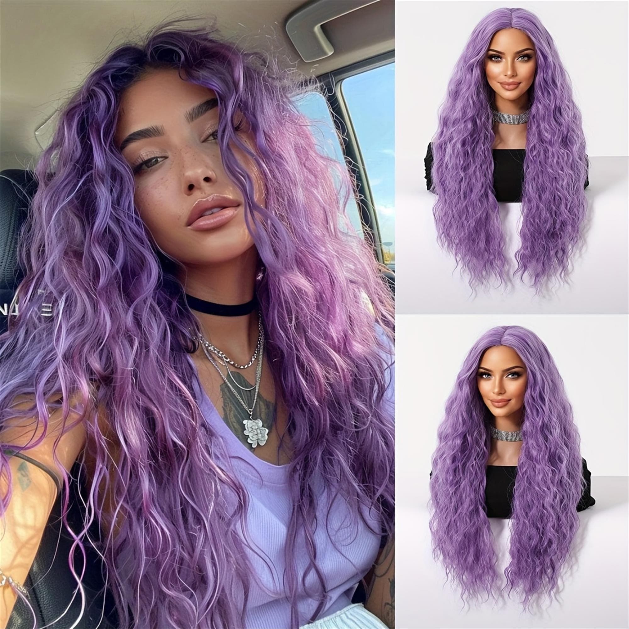 Purple Long Curly Hair Curly Wave Wig - Thumbnail 6