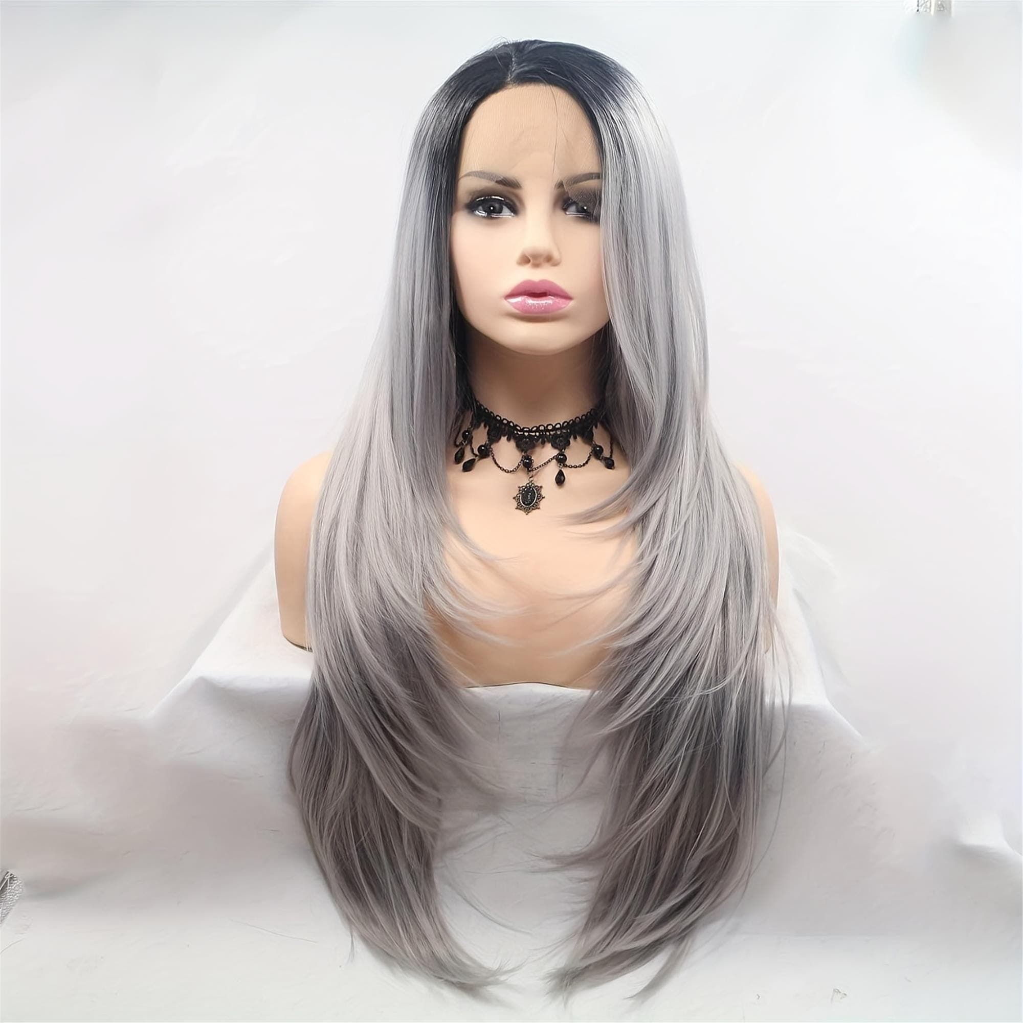 Silve Grey Ombre Lace Front Wigs Pre Plucked Hairline Long Natural Straight Gray Lace Front Wig Dark Roots Side Part Glueless - Thumbnail 5