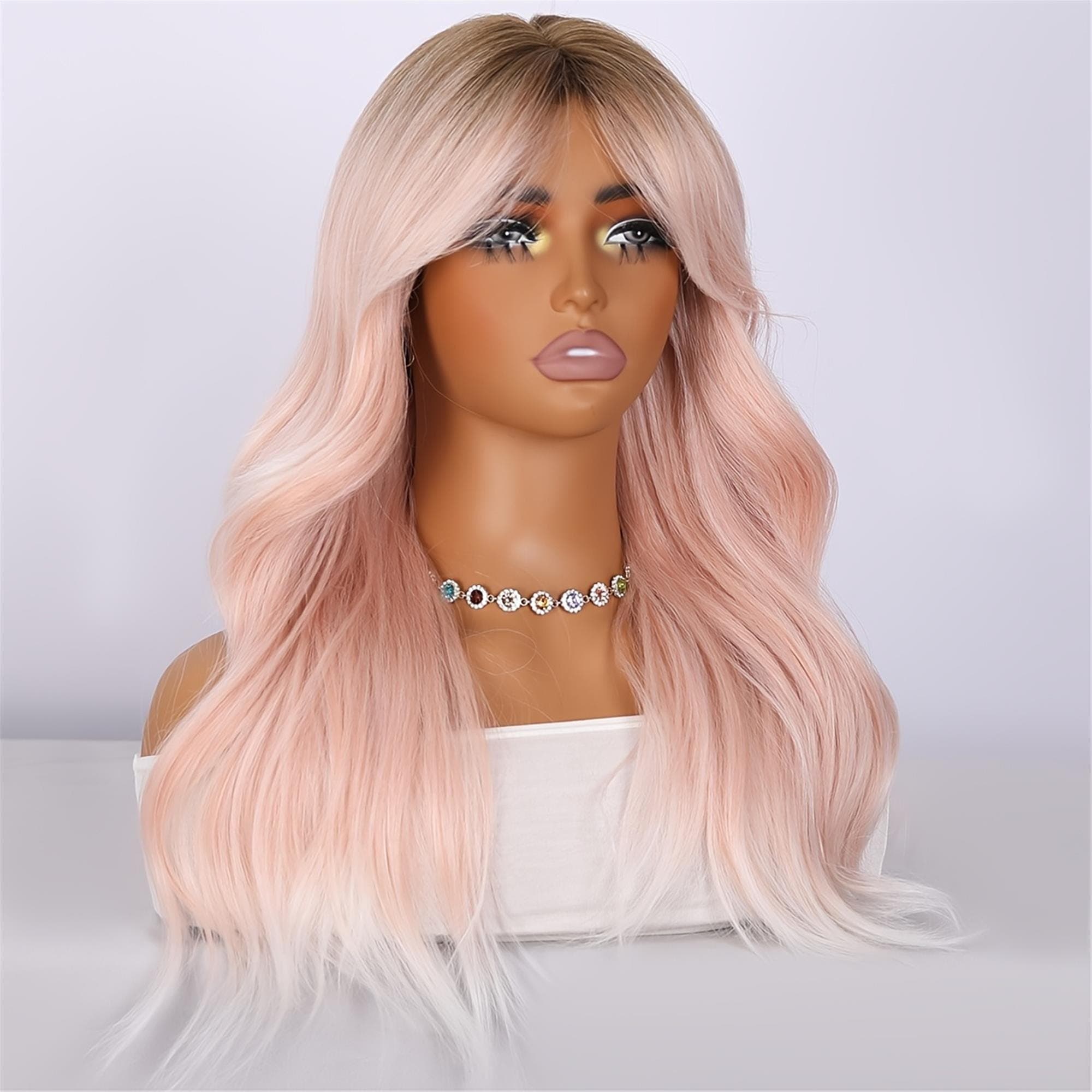 24-inch Pink Gradient White Curly Wig Suitable for Concerts Cosplay Daily Wear - Thumbnail 3