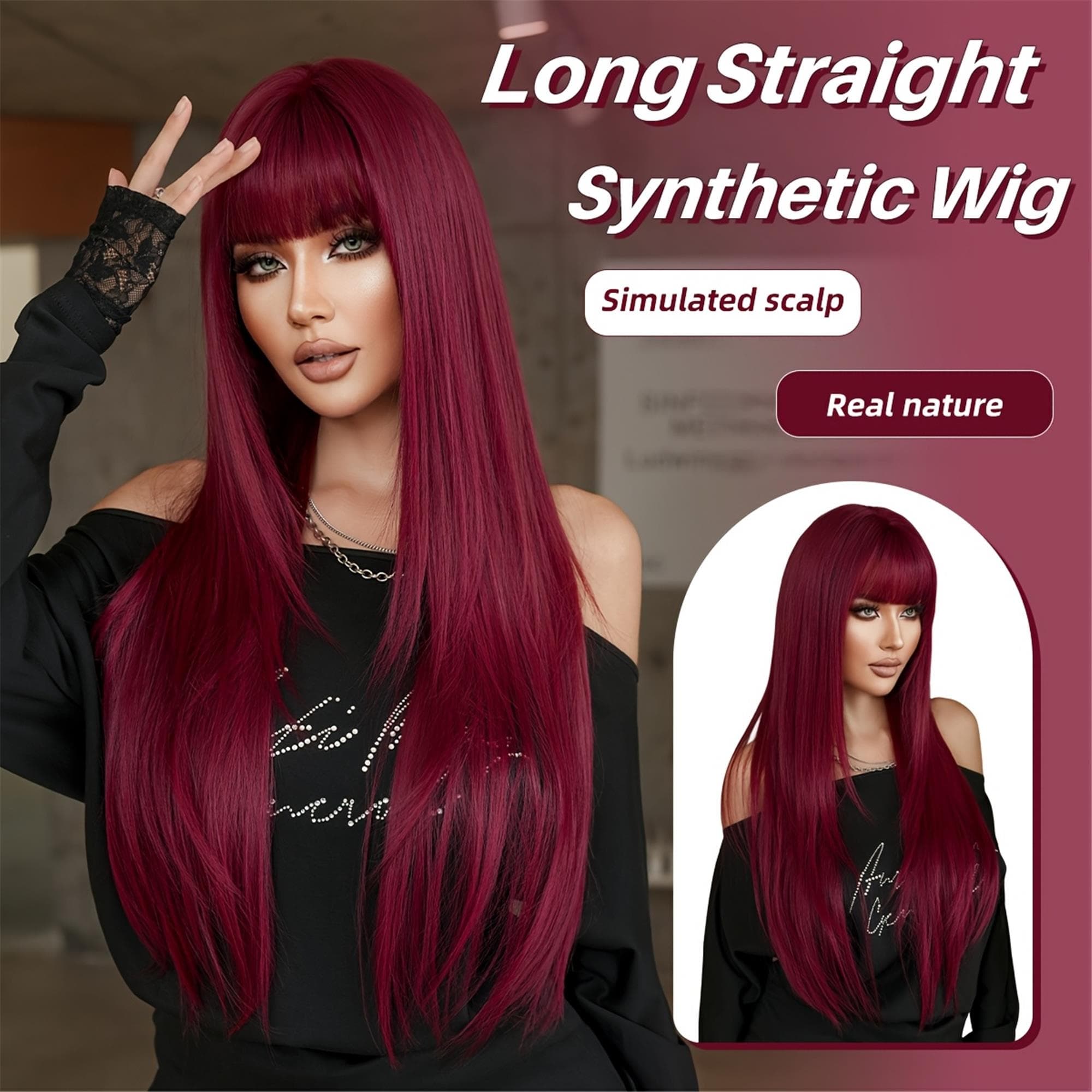 Costume Wig Long Straight Burgundy Red Wigs with Full Bangs High Layered Density Grape Red Wig - Thumbnail 3
