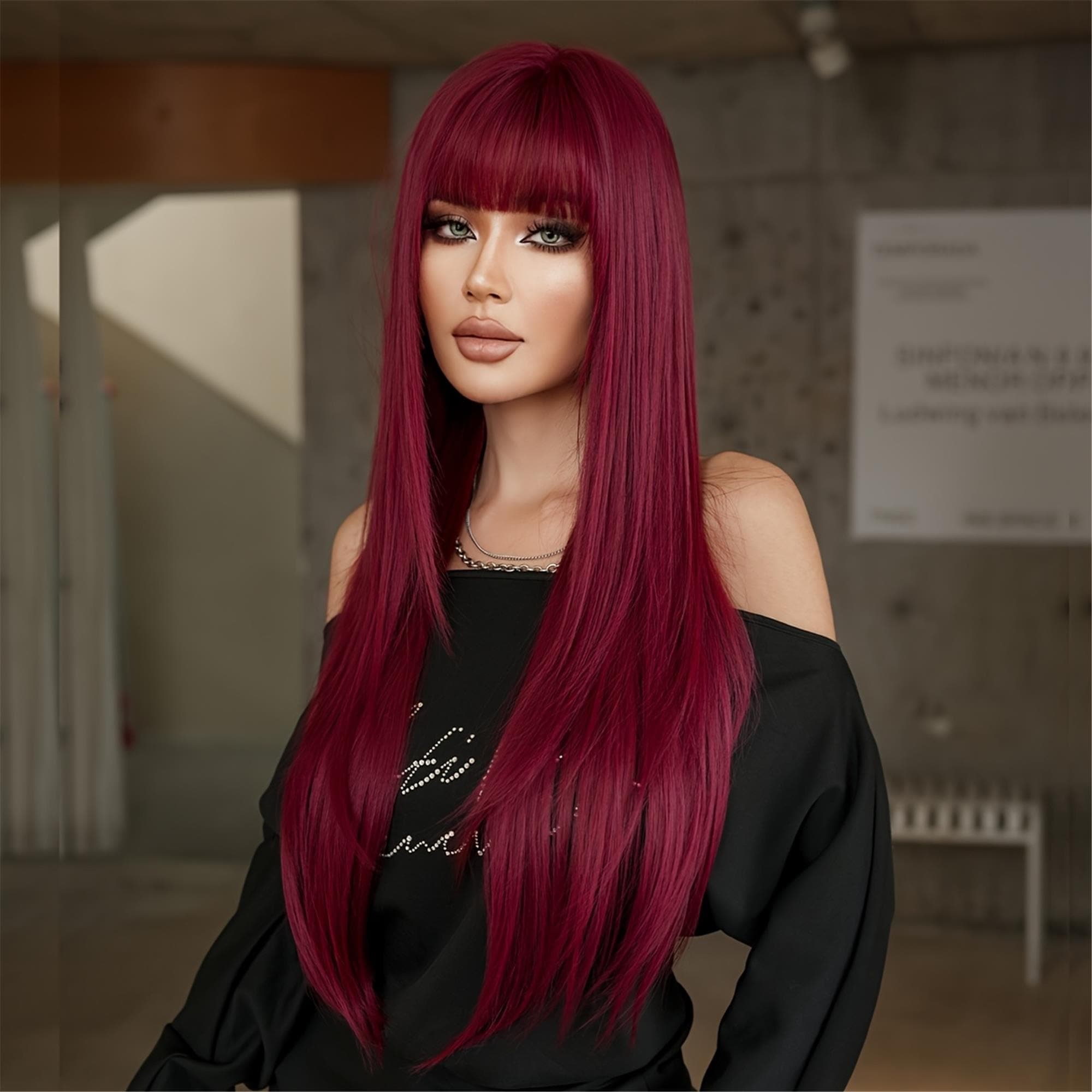 Costume Wig Long Straight Burgundy Red Wigs with Full Bangs High Layered Density Grape Red Wig - Thumbnail 2