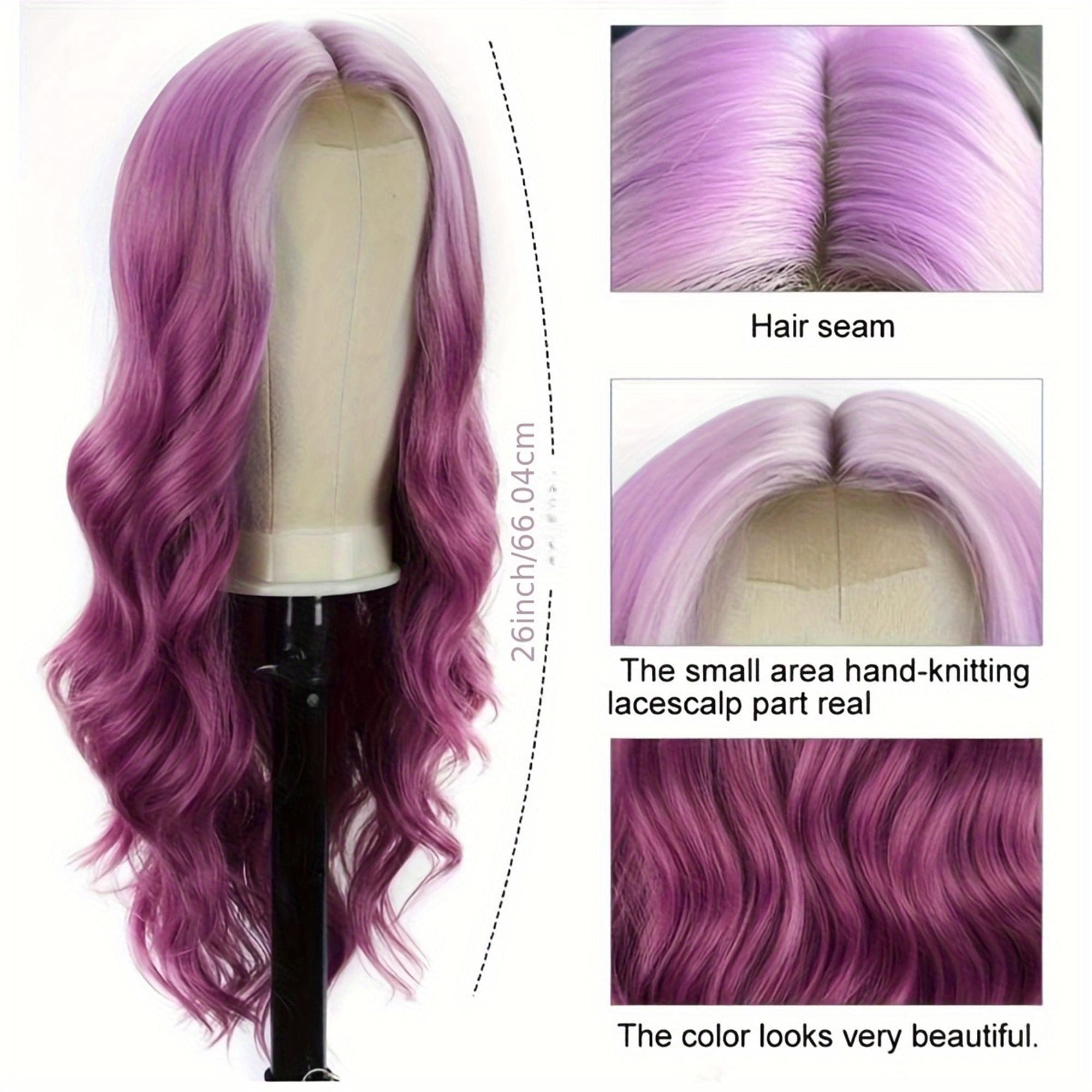 26" Long Wavy/Curly Synthetic Wig with Gradient Purple Color Heat-Resistant Fibers 150% Density - Natural Looking Front Lace for Daily - Thumbnail 6