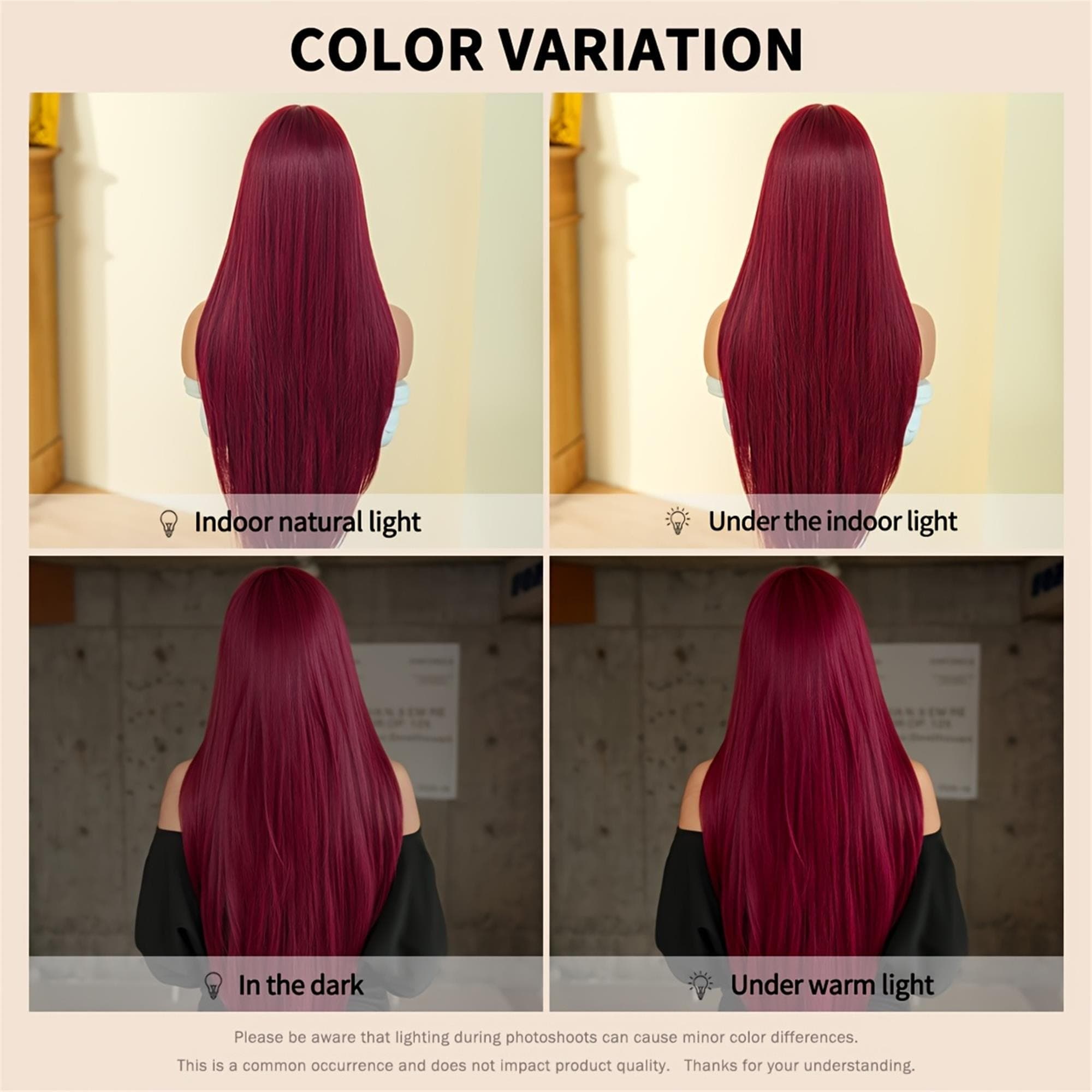 Costume Wig Long Straight Burgundy Red Wigs with Full Bangs High Layered Density Grape Red Wig - Thumbnail 7