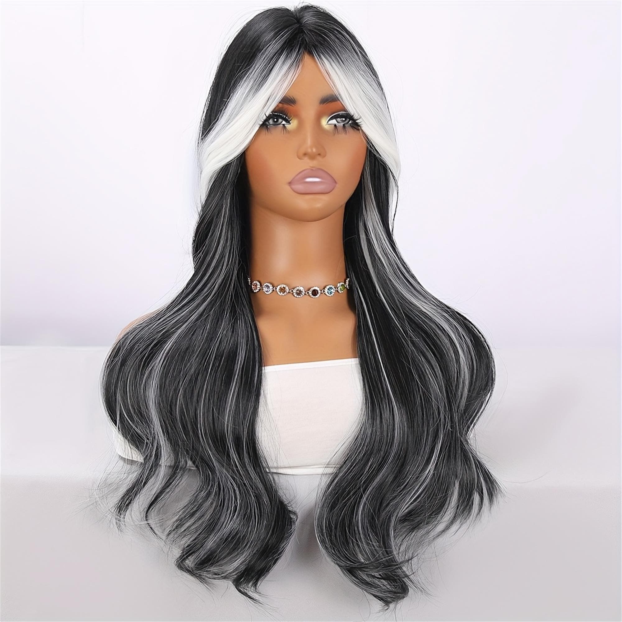 26-Inch Elegant Black Wig with White Highlights Beginner-Friendly Suitable for Everyday Wear And - Thumbnail 3
