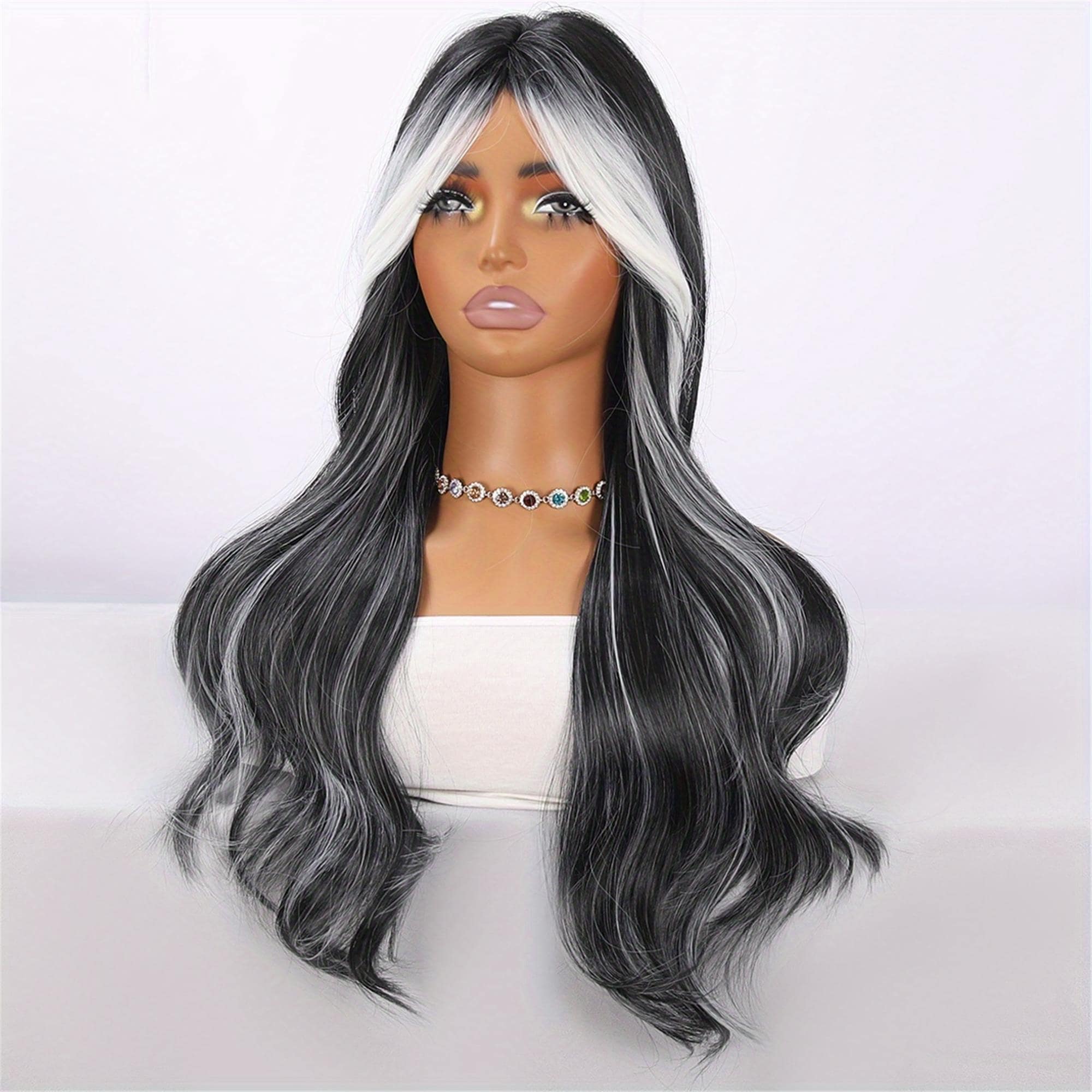 26-Inch Elegant Black Wig with White Highlights Beginner-Friendly Suitable for Everyday Wear And - Thumbnail 4