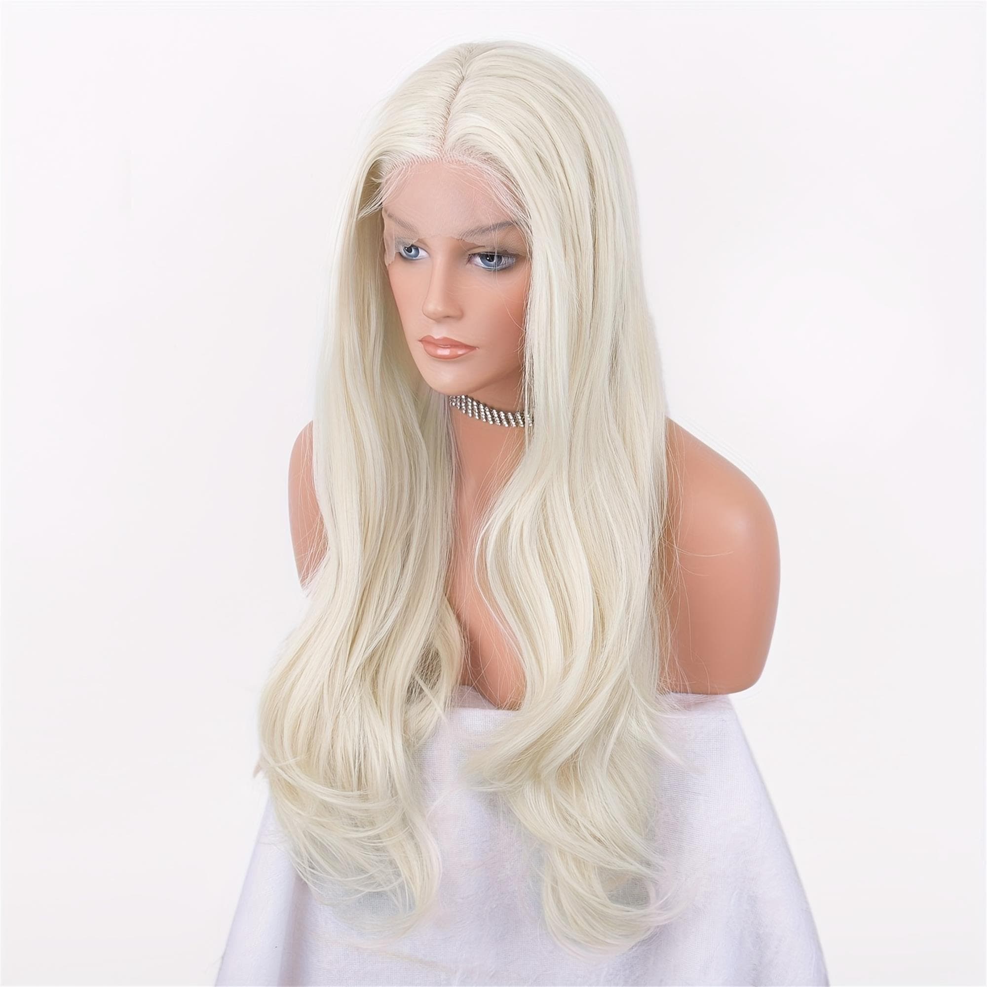 White Blonde Lace Front Wig with Long White Waves - Thumbnail 3