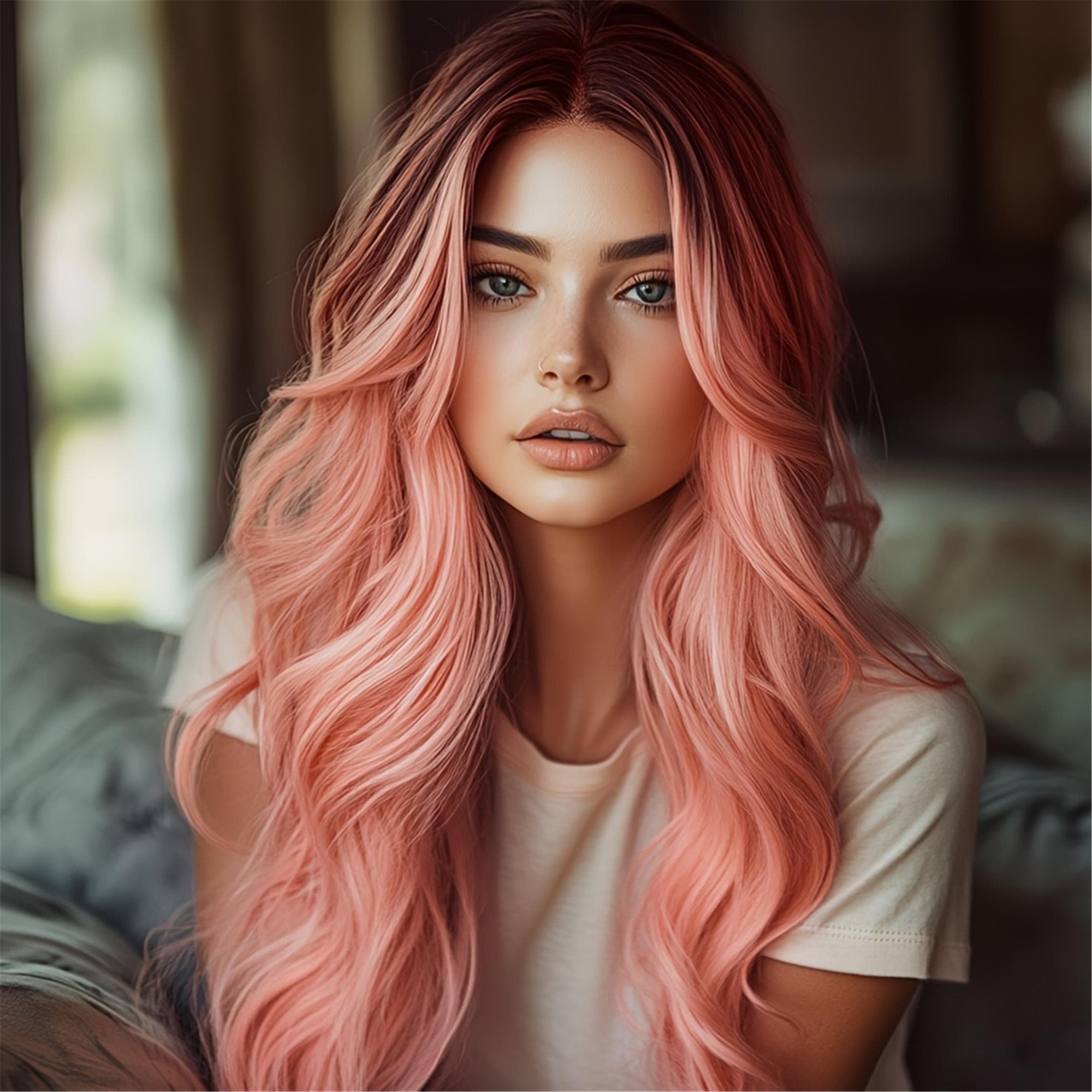 Premium Synthetic Pink Middle-parted Wig Wavy Hair 28 Inches 100% Breathable Easy To Wear Suitable For Daily Use