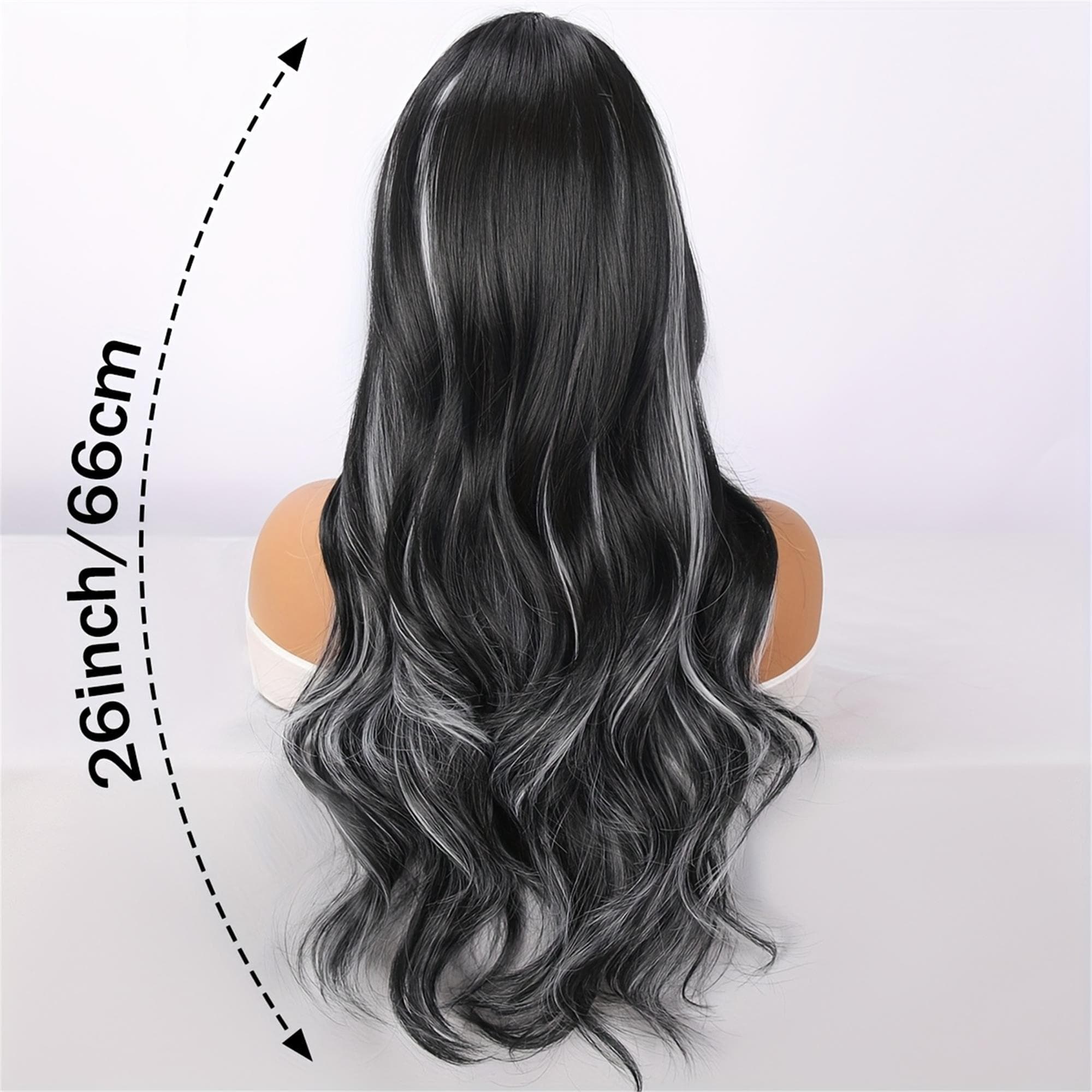26-Inch Elegant Black Wig with White Highlights Beginner-Friendly Suitable for Everyday Wear And - Thumbnail 5
