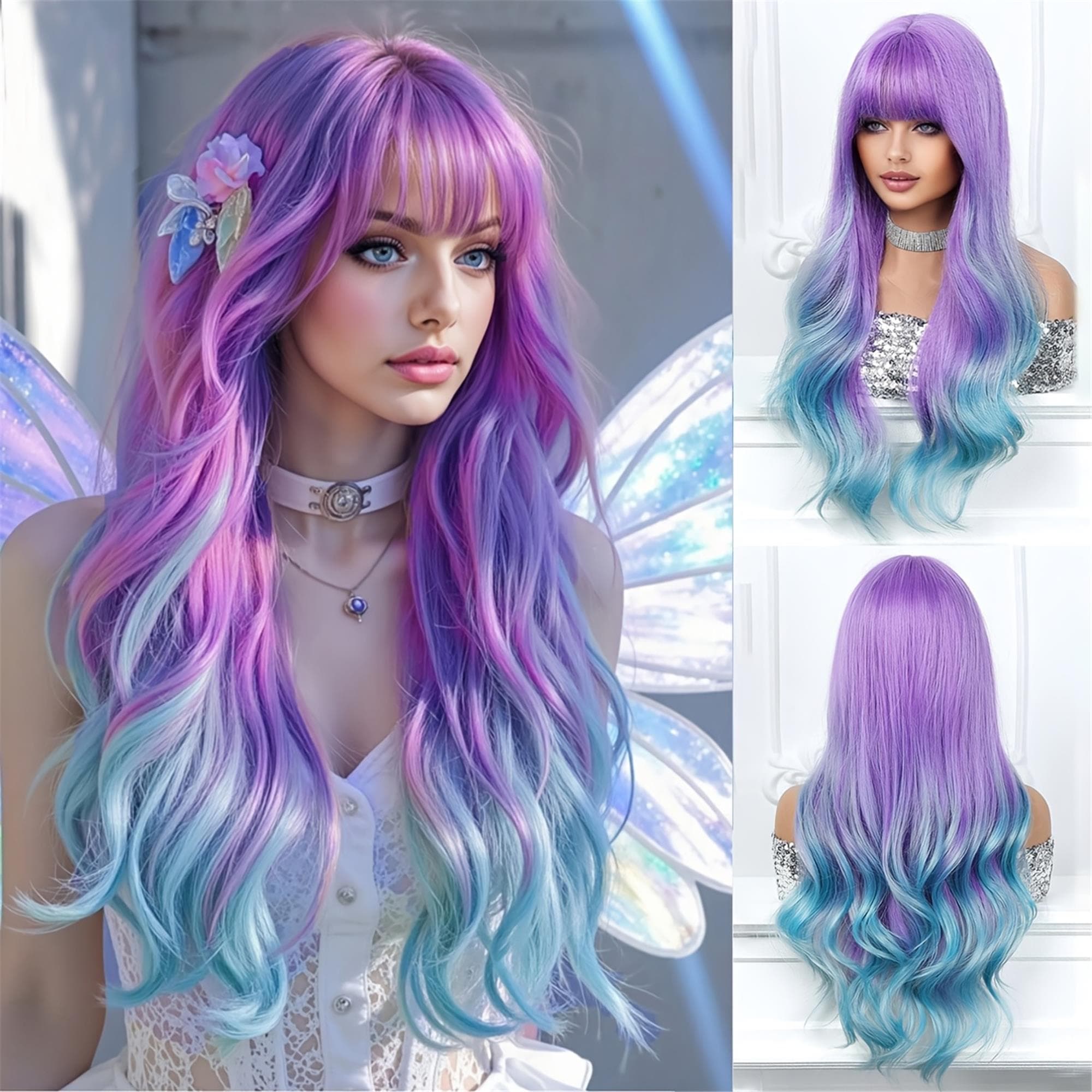Elegant Ombre Purple to Blue Gradient Long Wavy for Daily Wear
