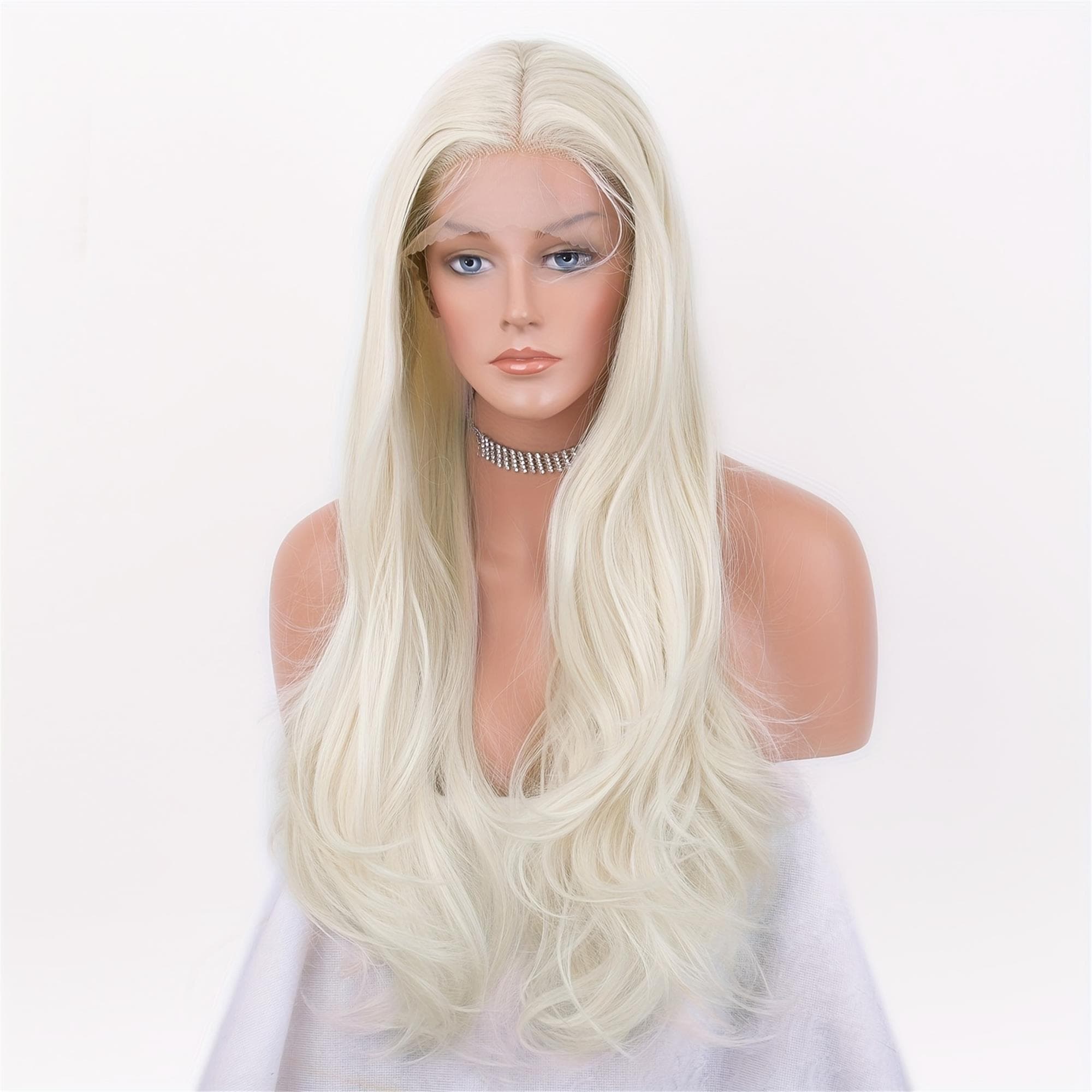 White Blonde Lace Front Wig with Long White Waves - Thumbnail 2