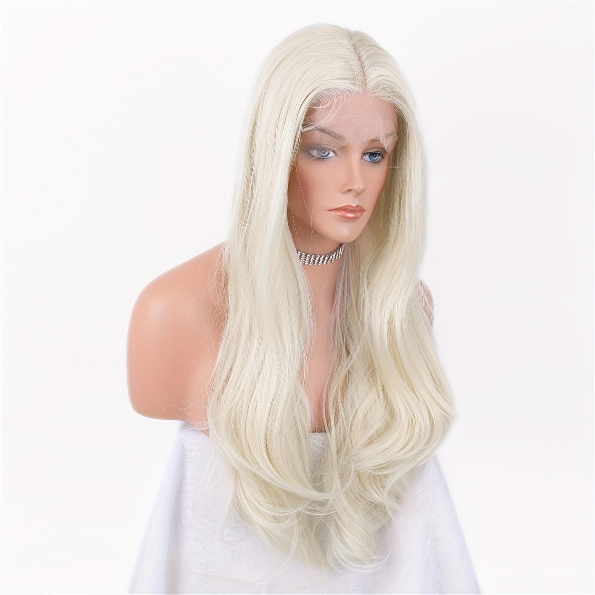 White Blonde Lace Front Wig with Long White Waves - Thumbnail 4