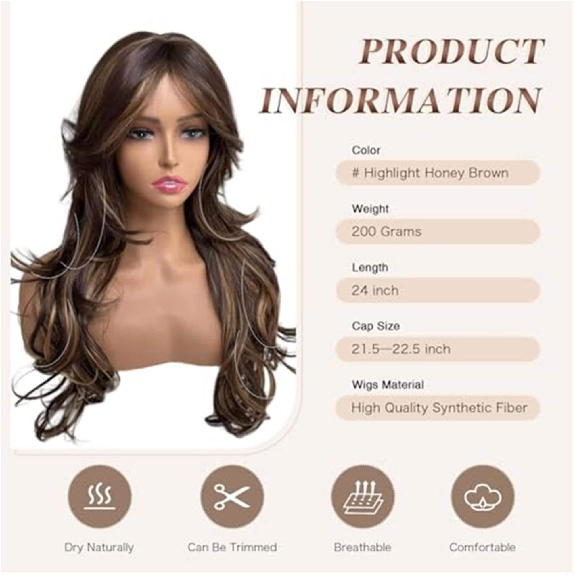 Highlighted Dark Brown Mix Honey Blonde Long Layered Wavy Wig with curtain bangs - Thumbnail 5
