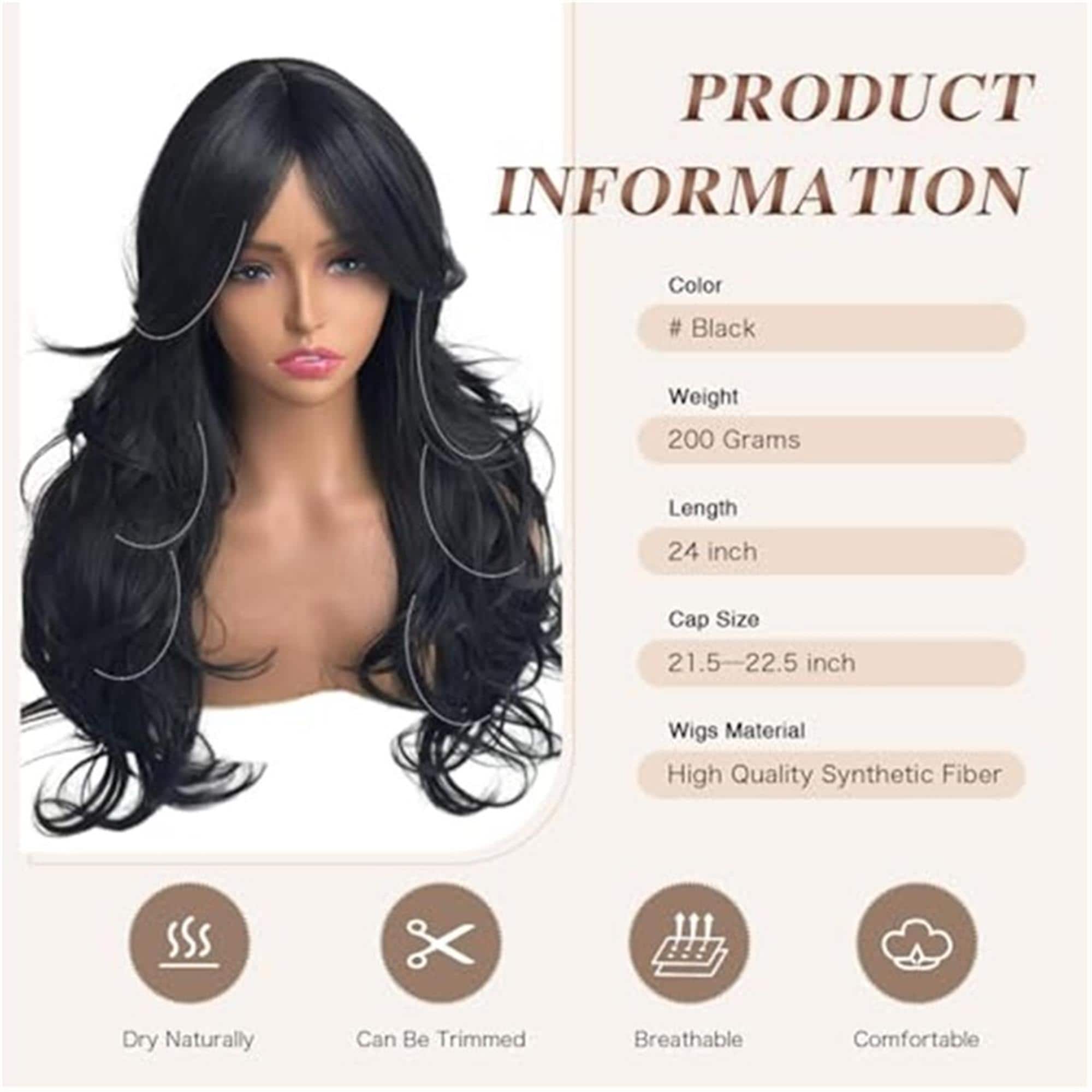 Black Wavy Long Layered Wig with Curtain Bangs - Thumbnail 3