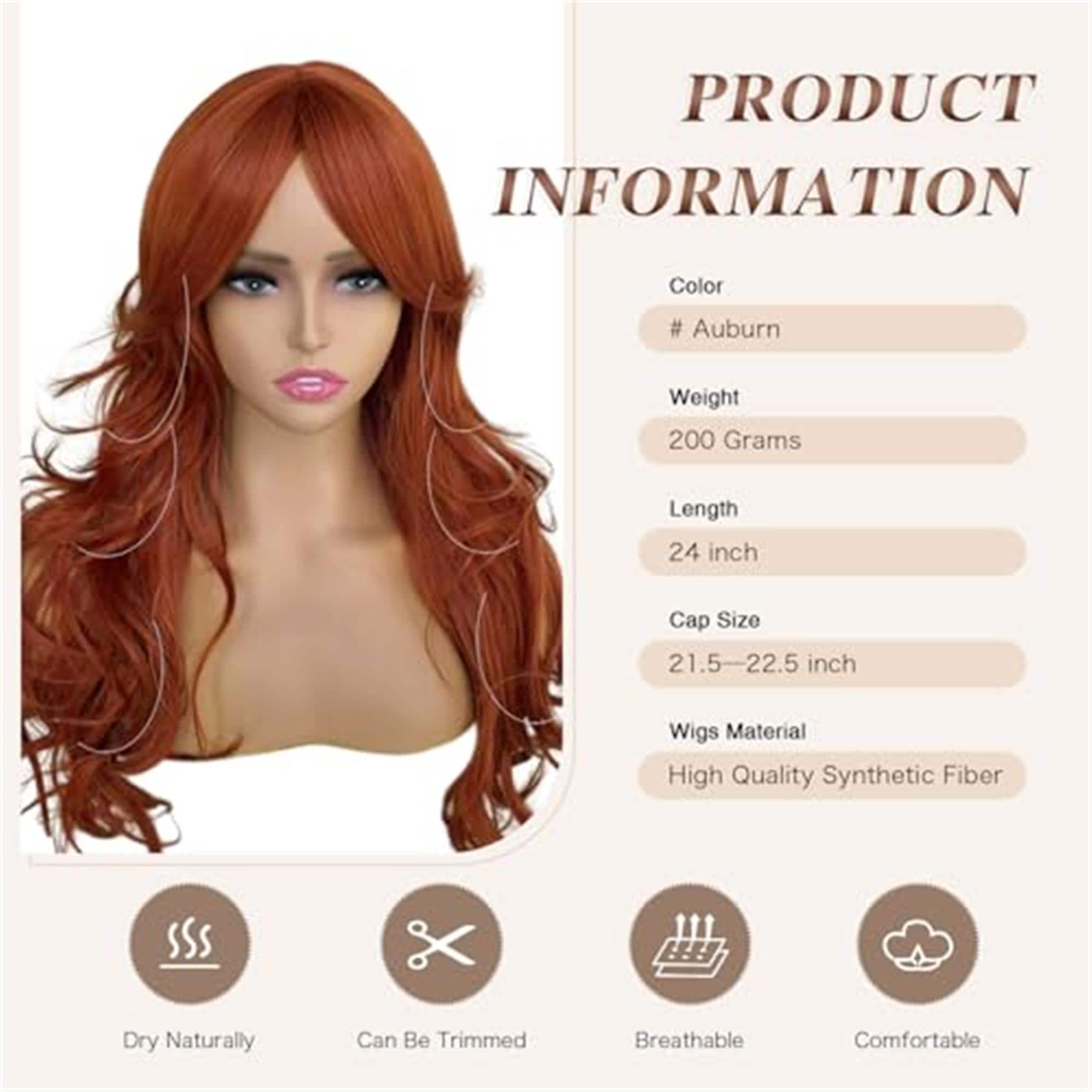 Auburn Wig with Bangs for Women Copper Red Wavy Layered Wig with Curtain Bangs - Thumbnail 2
