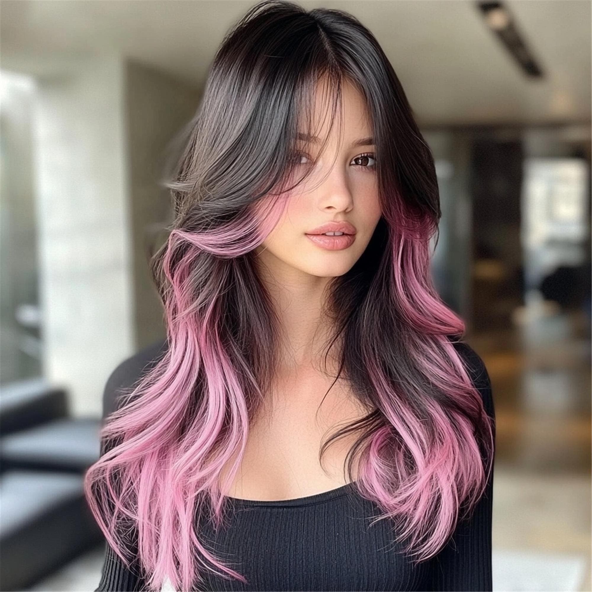 24-inch Pink Gradient Highlight Wig with Curly Ends Middle Part Bangs - High-Temperature Hair Suitable for Daily Wear Parties Events