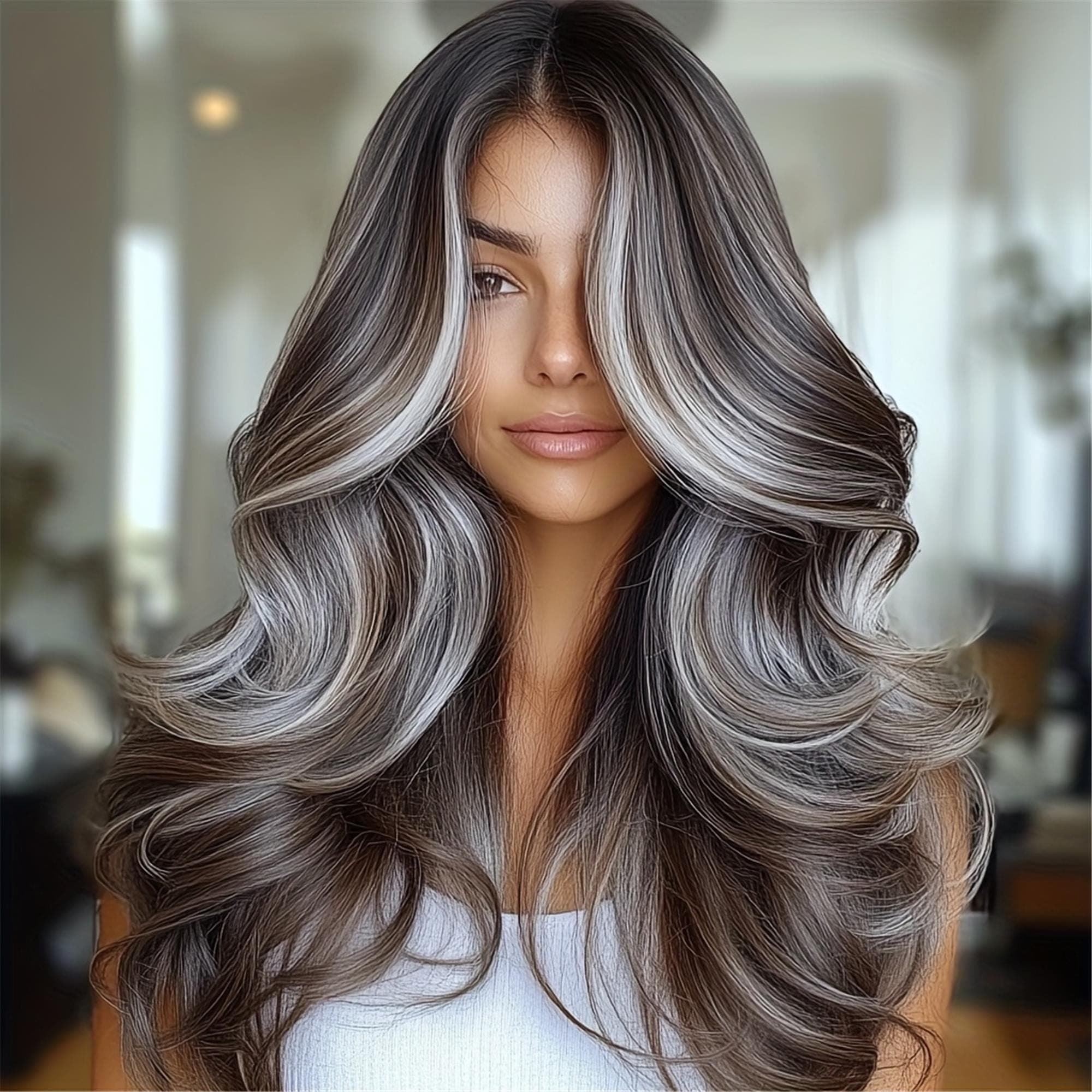 Ash Brown Balayage Beach Wave Wig | 24-inch Length | Adjustable Rose Cap | Seamless Color Transition