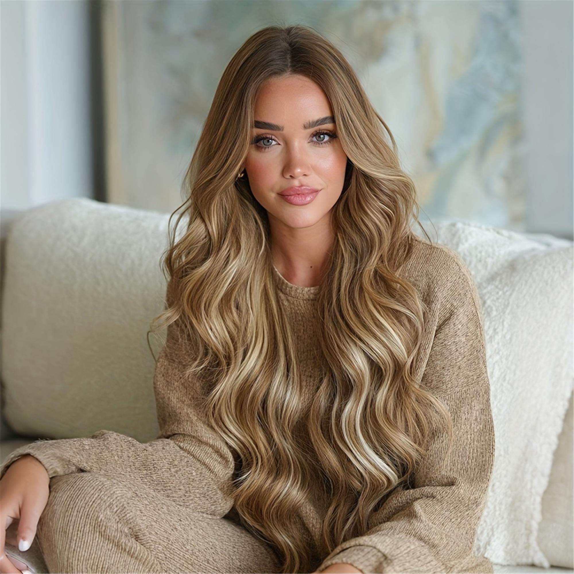 Long Loose Wave Ombre Golden Brown Wig with Dark Roots Middle Part High Density Highlight Beige Wig forDaily Use