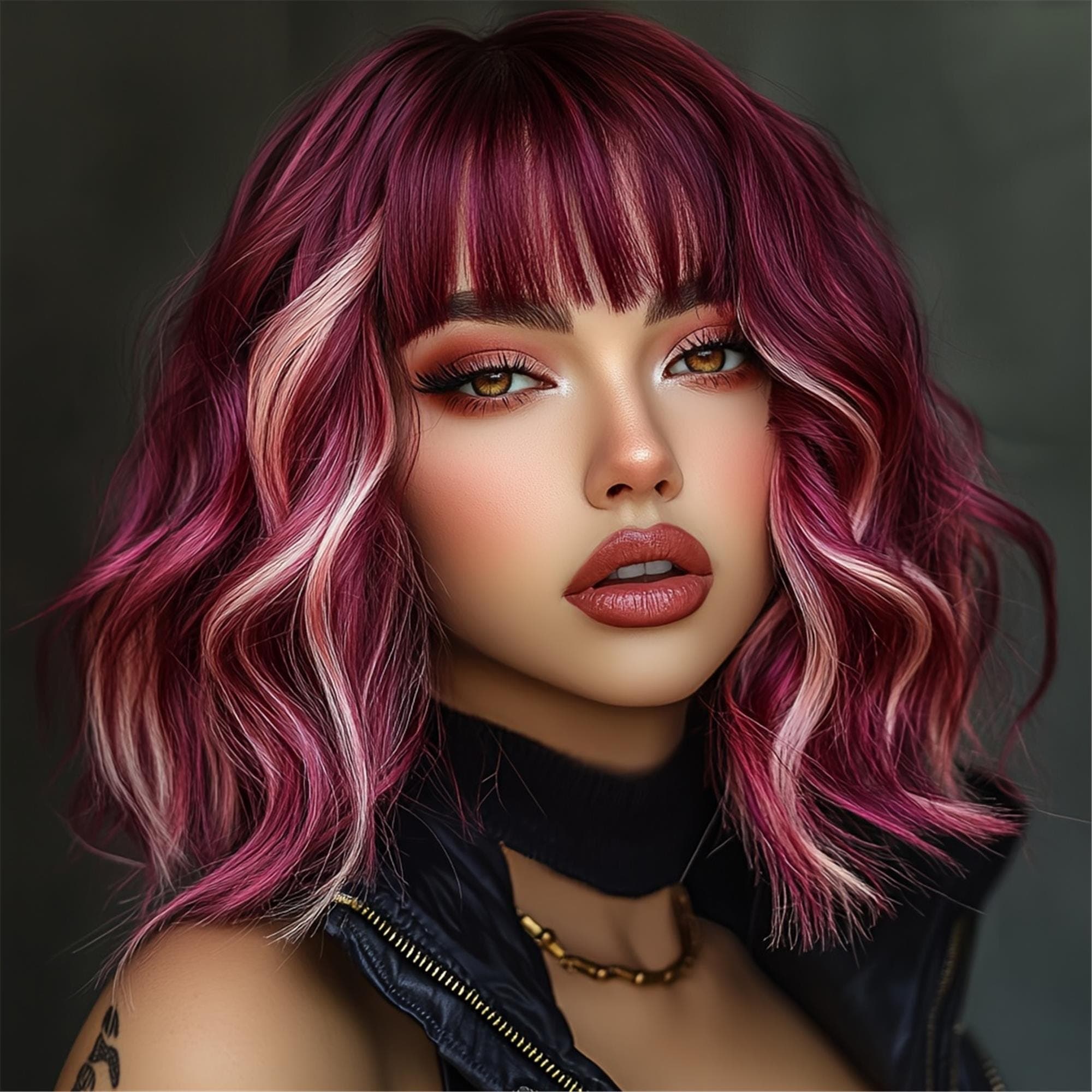 Rose Red Highlights Pink Short Curly Wig Suitable for Daily Wear!!