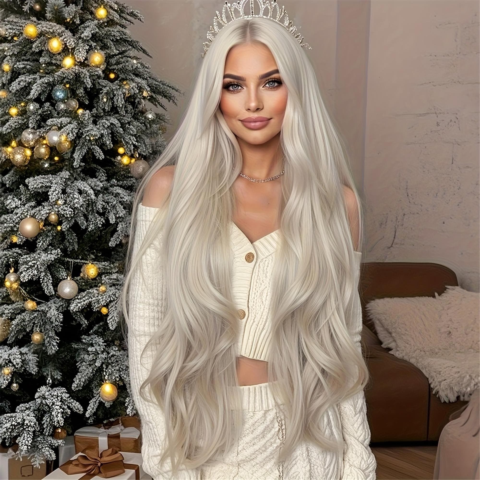 30 Inch Elegant White Gold Long Straight Wig Fashionable for Autumn And Winter with Light Colored Wig Roots And A Solid Color for