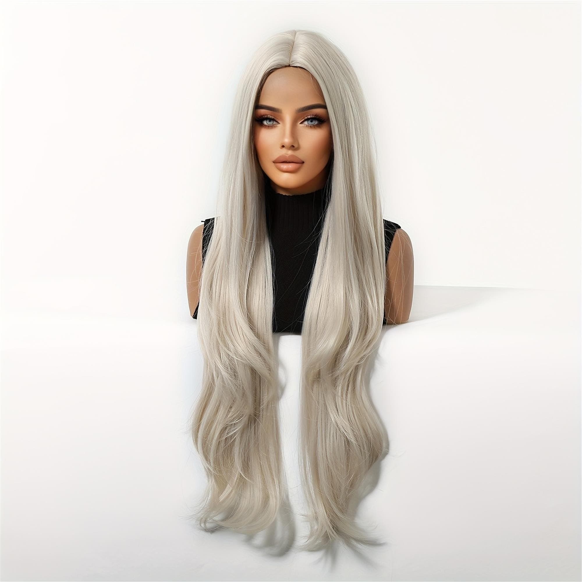 30 Inch Elegant White Gold Long Straight Wig Fashionable for Autumn And Winter with Light Colored Wig Roots And A Solid Color for - Thumbnail 3