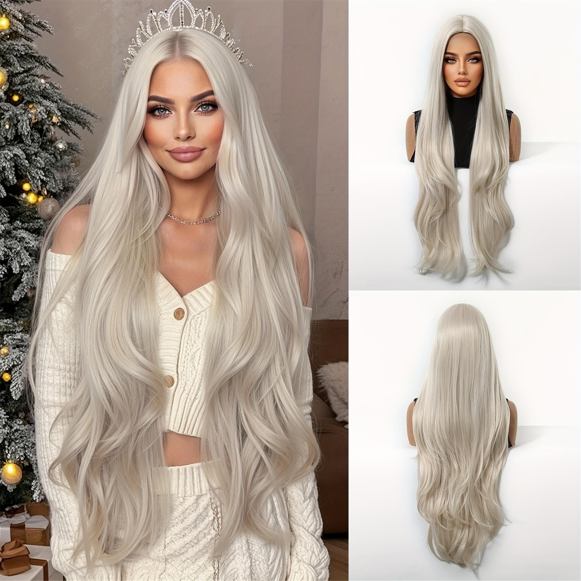 30 Inch Elegant White Gold Long Straight Wig Fashionable for Autumn And Winter with Light Colored Wig Roots And A Solid Color for - Thumbnail 6