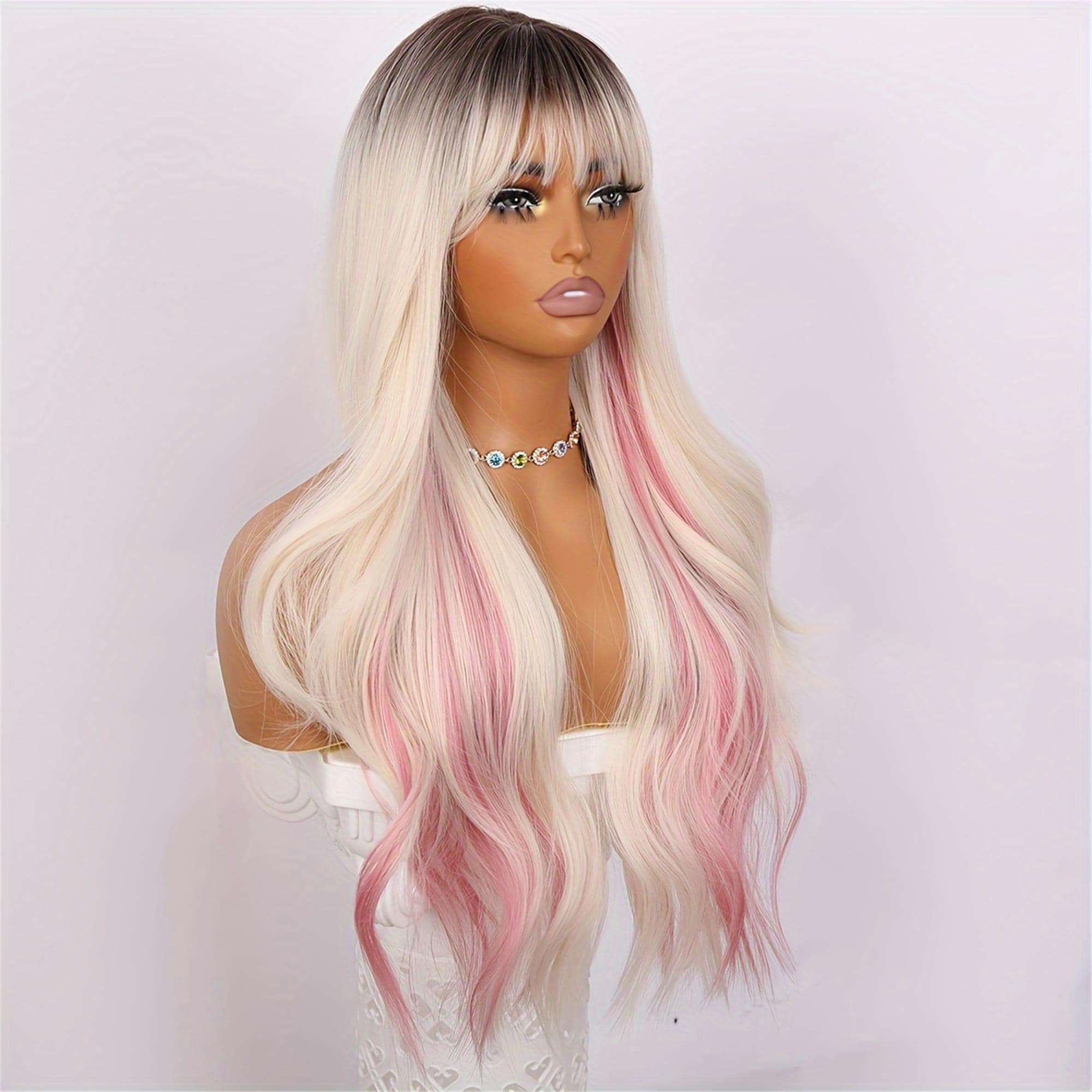 26-inch Super Synthetic Fiber Wig With White As The Main Color And A Gradient Of Pink Rose Mesh/heat-resistant/suitable For Casual And - Thumbnail 5