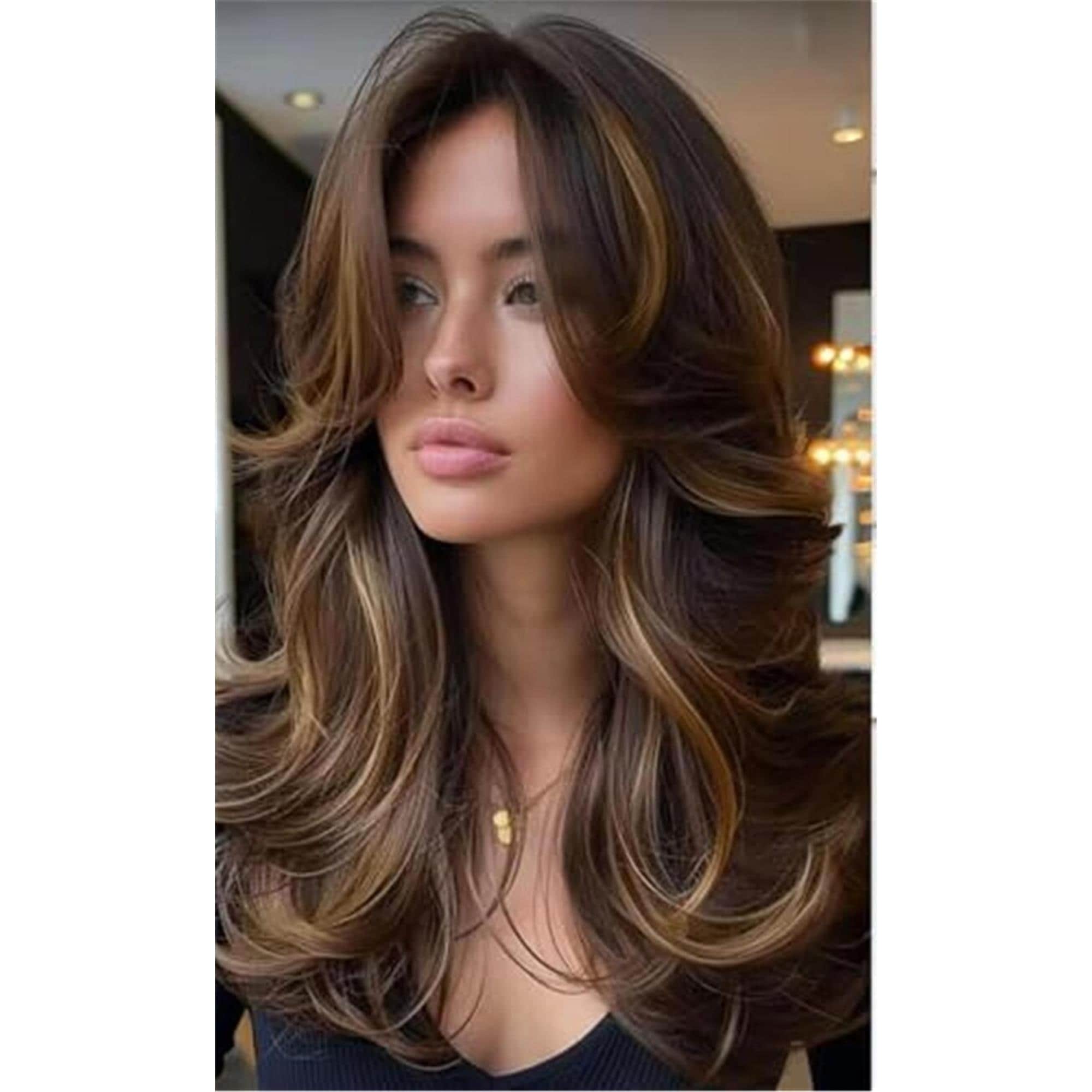 Highlighted Dark Brown Mix Honey Blonde Long Layered Wavy Wig with curtain bangs